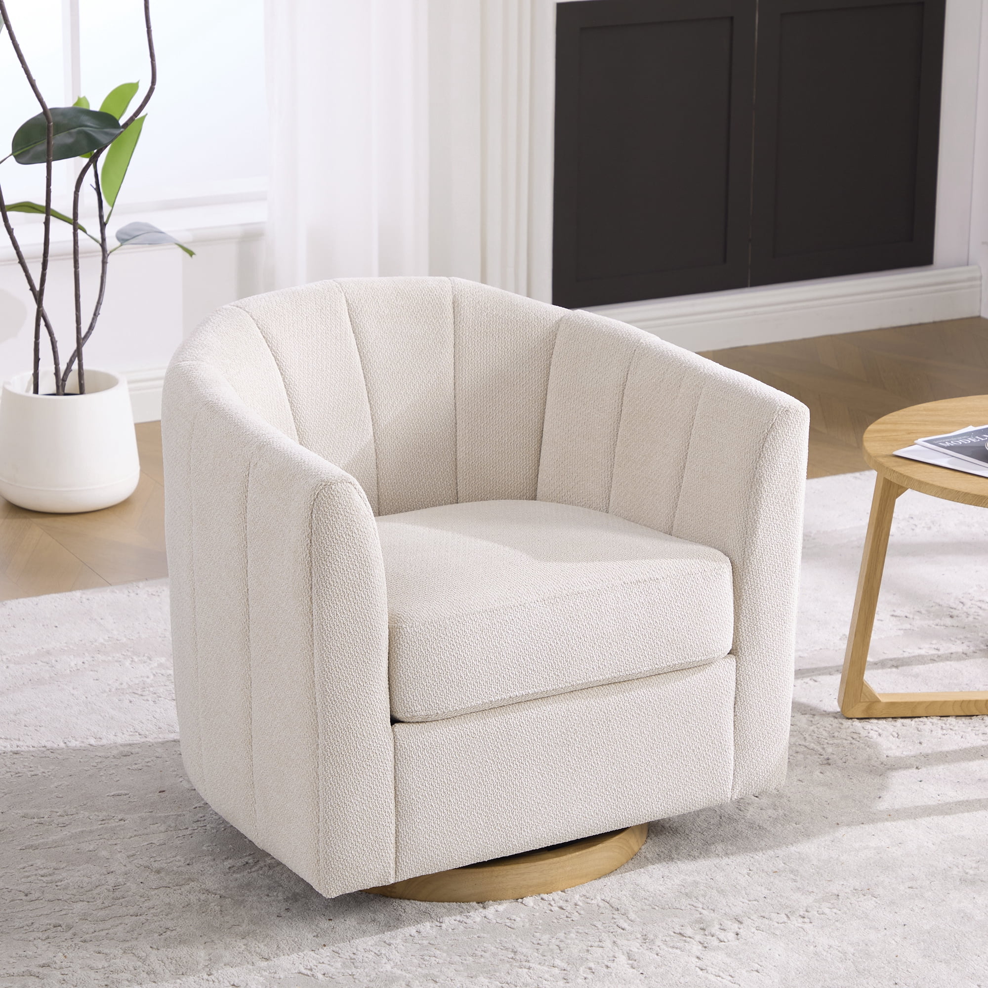 Leumius Swivel Barrel Chair with Solid Wood Base, Comfy Channel Tufted Accent Round Armchair, Single Club Sofa for Living Room Bedroom Reading Nook Corner Apartment, Beige