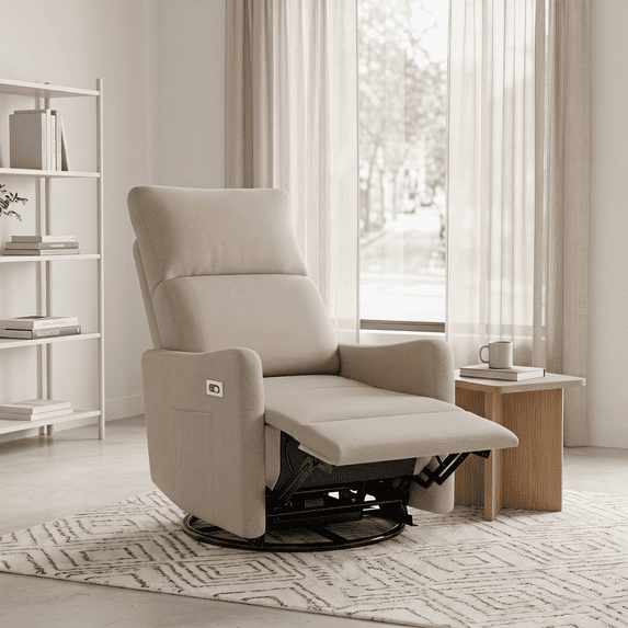 Leumius Swivel Recliner Chair,270° Swivel Rocker Chair for Adults,Small Rocking Recliner for Small Spaces, Upholstered Fabric Glider Recliner Nursery,Living Room Chair,Theater SeatingBrown