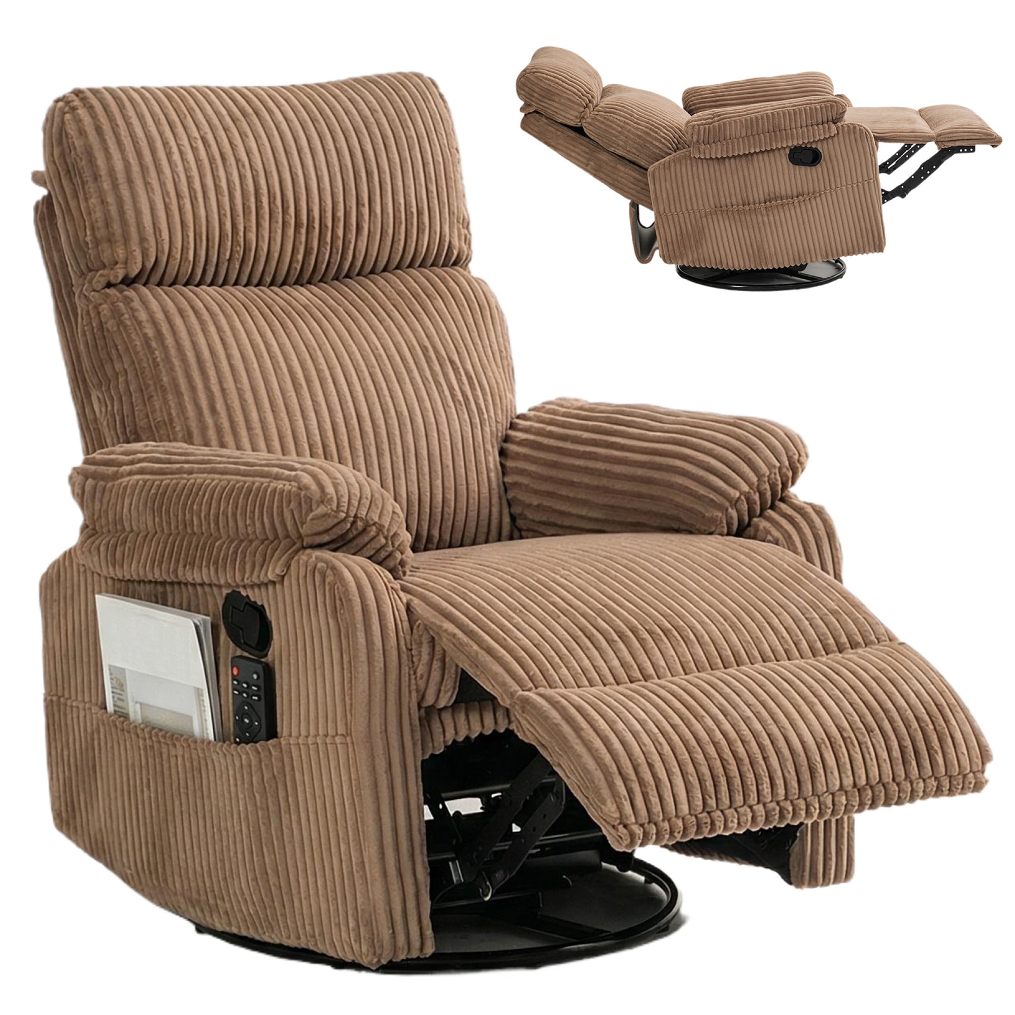 Leumius Swivel Recliner Chair,360° Swivel Rocker Chair for Living Room,Upholstered Nursery Glider Recliner Chair for Small Spaces,Manual Recliner for Adults for Home Theater,Brown
