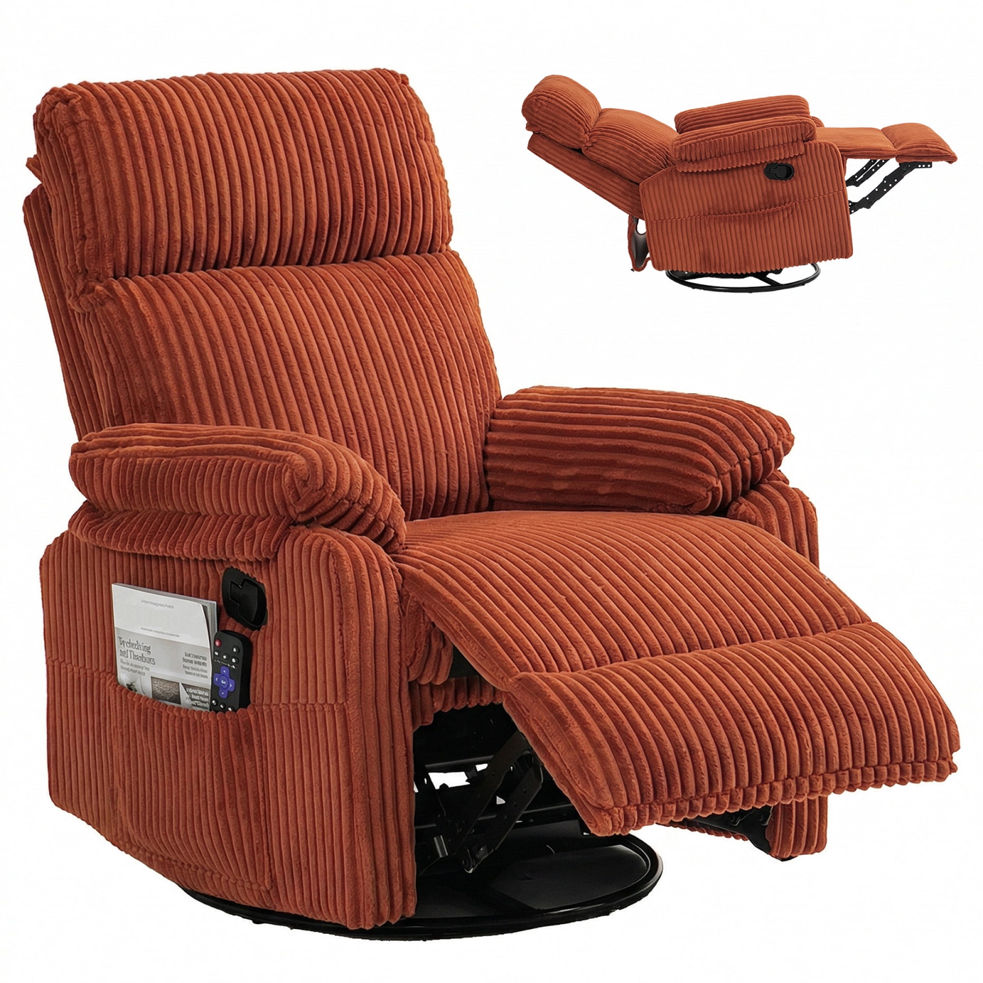 Leumius Swivel Recliner Chair,360° Swivel Rocker Chair for Living Room,Upholstered Nursery Glider Recliner Chair for Small Spaces,Manual Recliner for Adults for Home Theater,Orange