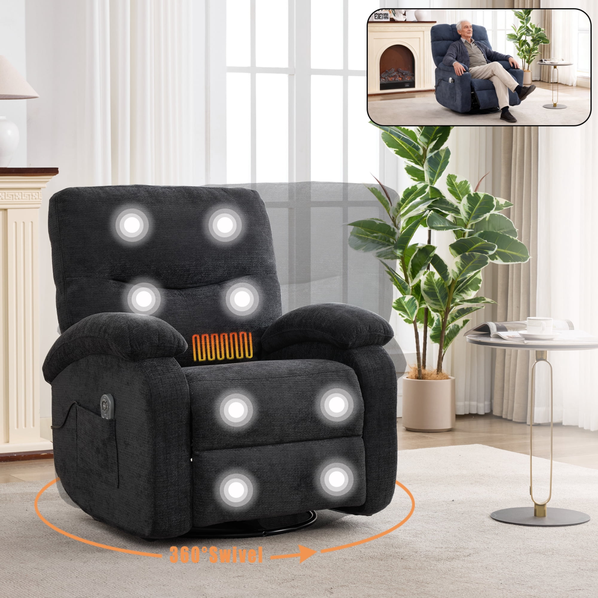 Leumius Swivel Recliner Chair for Elderly,360° Swivel Rocker Recliners with Heat and Massage,Single Rocker Sofa Nursery Glider with Cup Holder and Side Pockets,Black