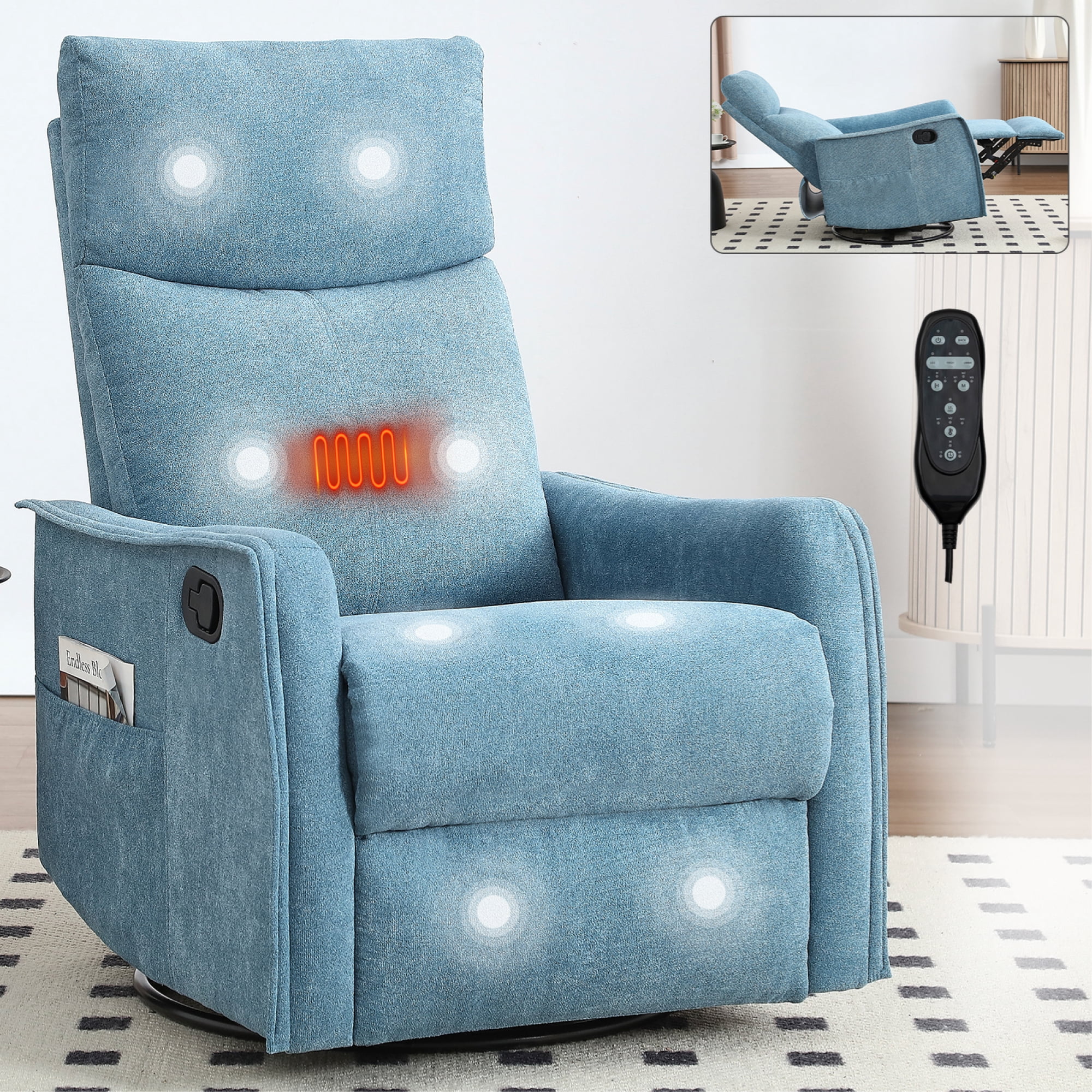 Leumius Swivel Recliner Chair with Vibration Massage & Lumbar Heating,Manual Recliners with Rocker for Living Room Bedroom,Blue