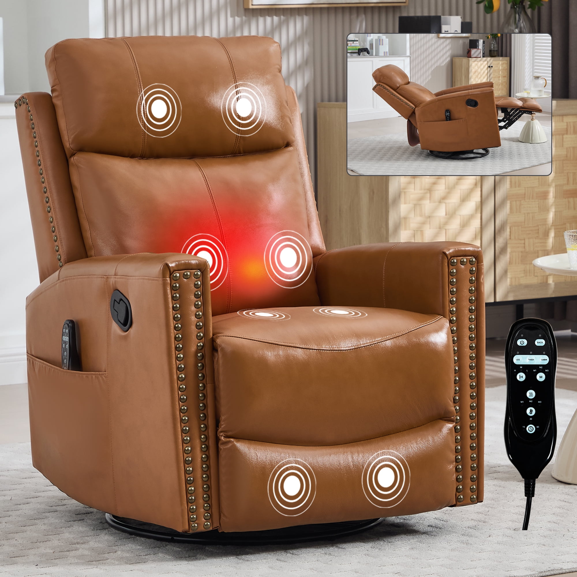 Leumius Swivel Rocker Recliner Chair with Vibration Massage and Lumbar Heating,Rivet Design Lounge Chair with Rocking Function and Side Pocket for Living Room,Orange