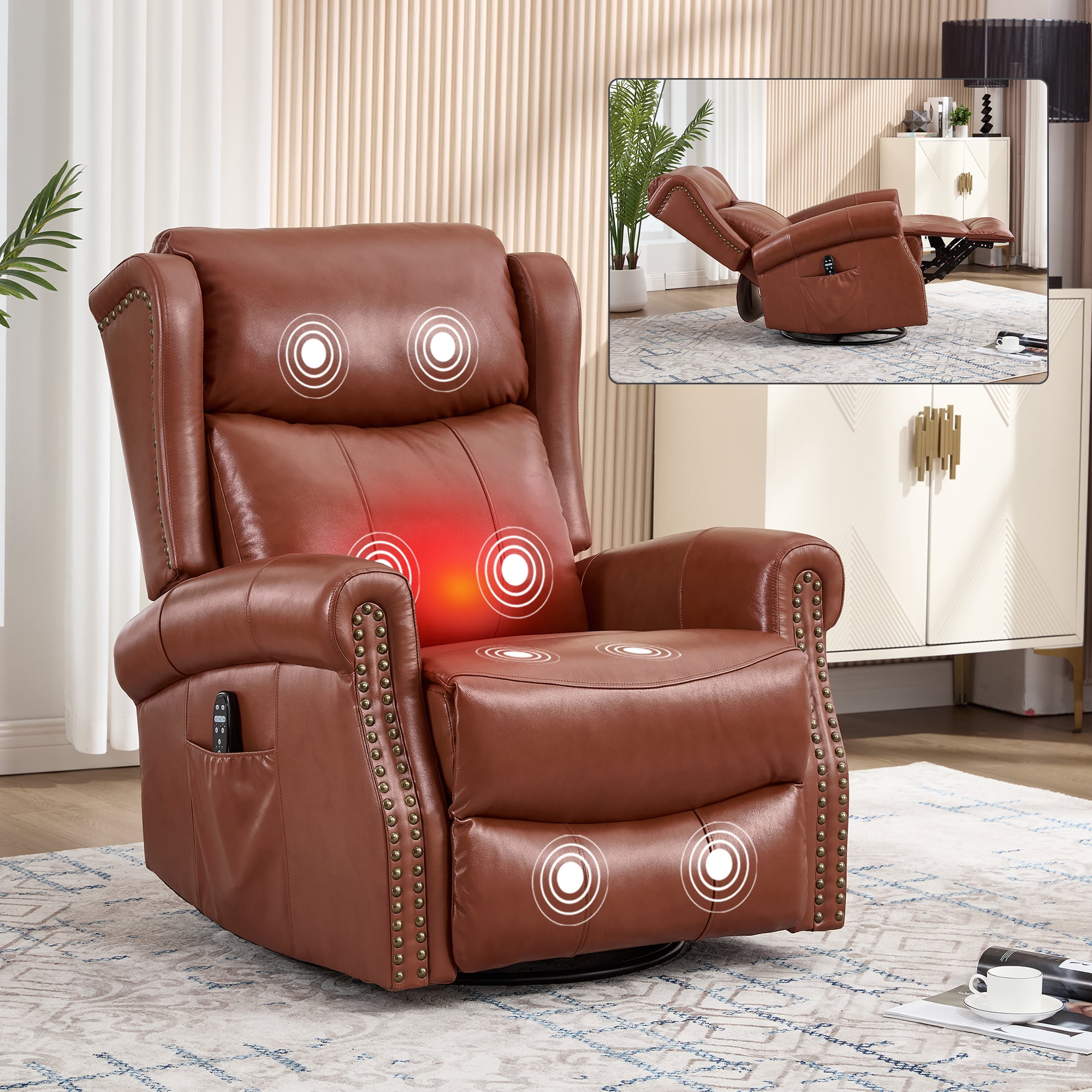 Leumius Swivel Rocker Recliner Chair with Vibration Massage and Lumbar Heating,Ergonomic Lounge Chair with Rocking Function,Rivet Design,Red