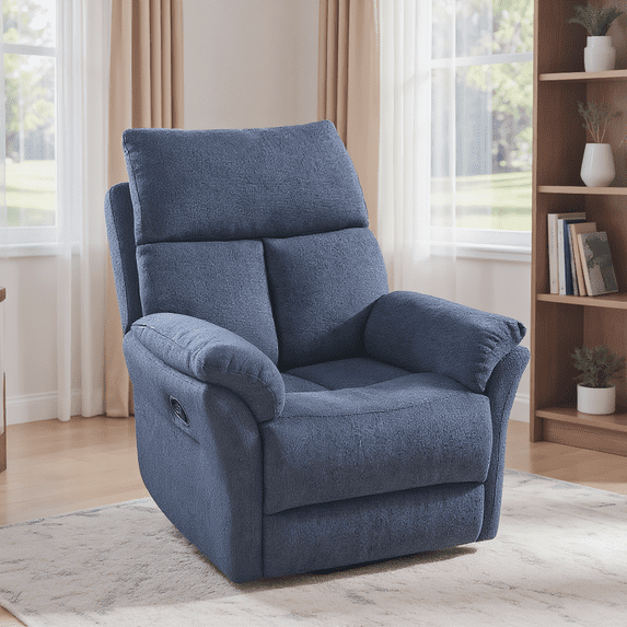 Leumius Swivel Rocker Recliner Chairs,Manual Glider Recliner,Modern Linen Fabric Reclining Chairs for Living Room Bedroom,Dark Blue