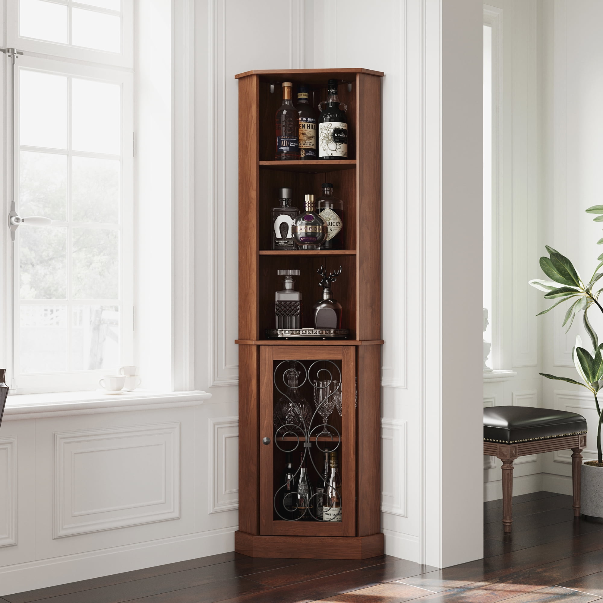 Leumius Tall Corner Bar Cabinet, Narrow Wood Liquor Cabinet with Open Shelves and Metal Mesh Door, Freestanding Corner Wine Storage Cabinet for Living Room, Dining Room Home Decor