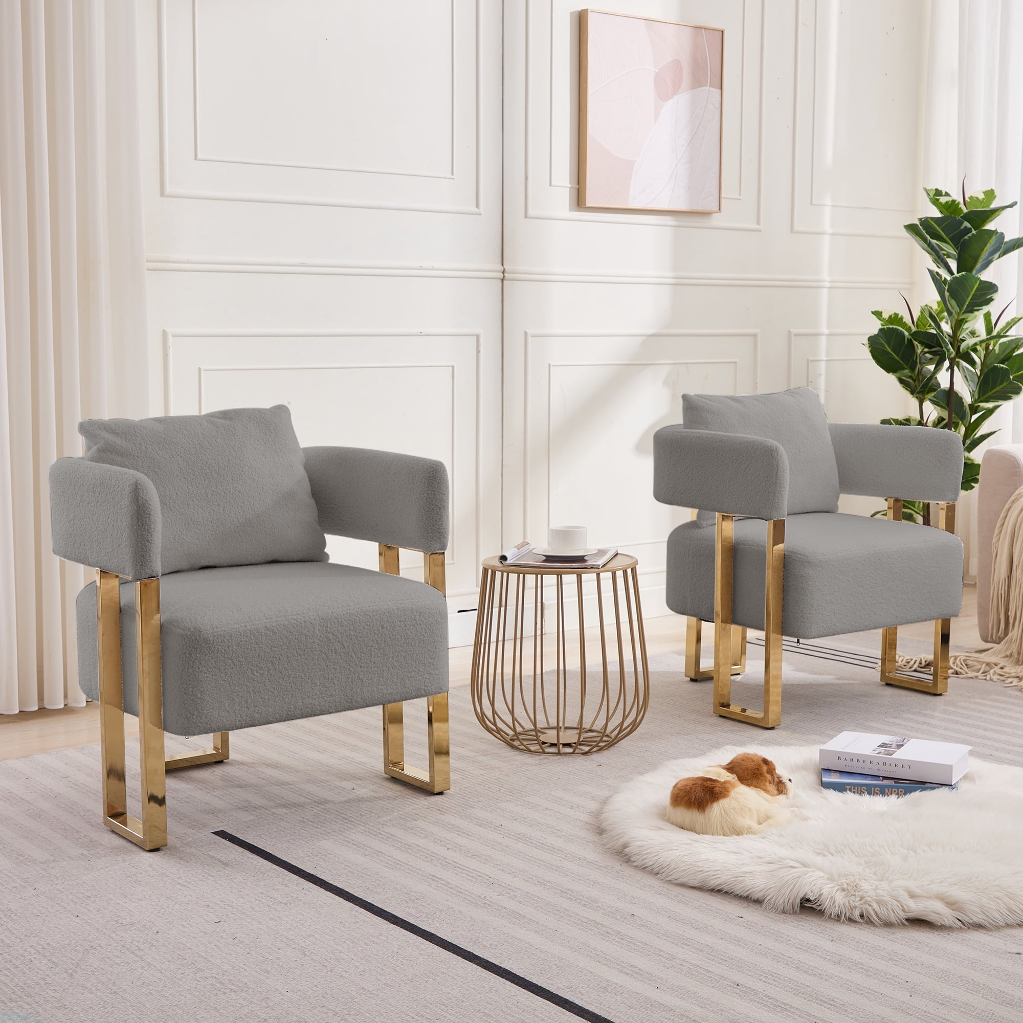 Leumius Teddy Accent Chairs Set of 2,Morden Upholstered Armchair Dining Side Chairs with Gold Metal Legs for Dining Kitchen Living Room,Grey