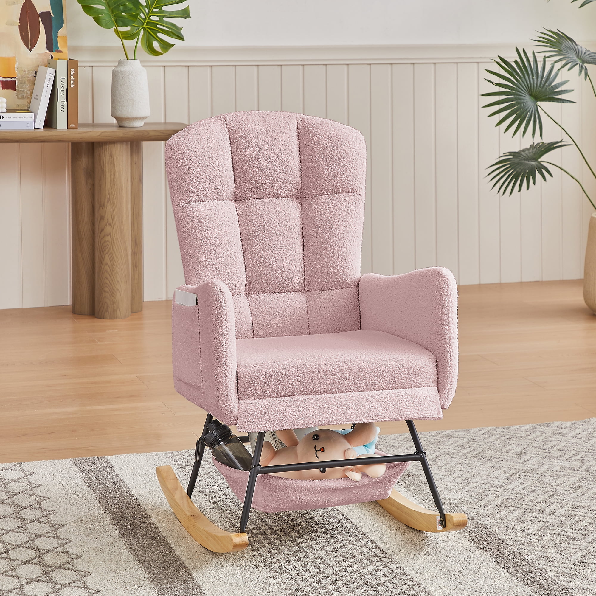 Leumius Teddy Rocking Accent Chair,High Backrest Upholstered Armchair Reading Chair for Reading,Bedroom,Living Room,Pink