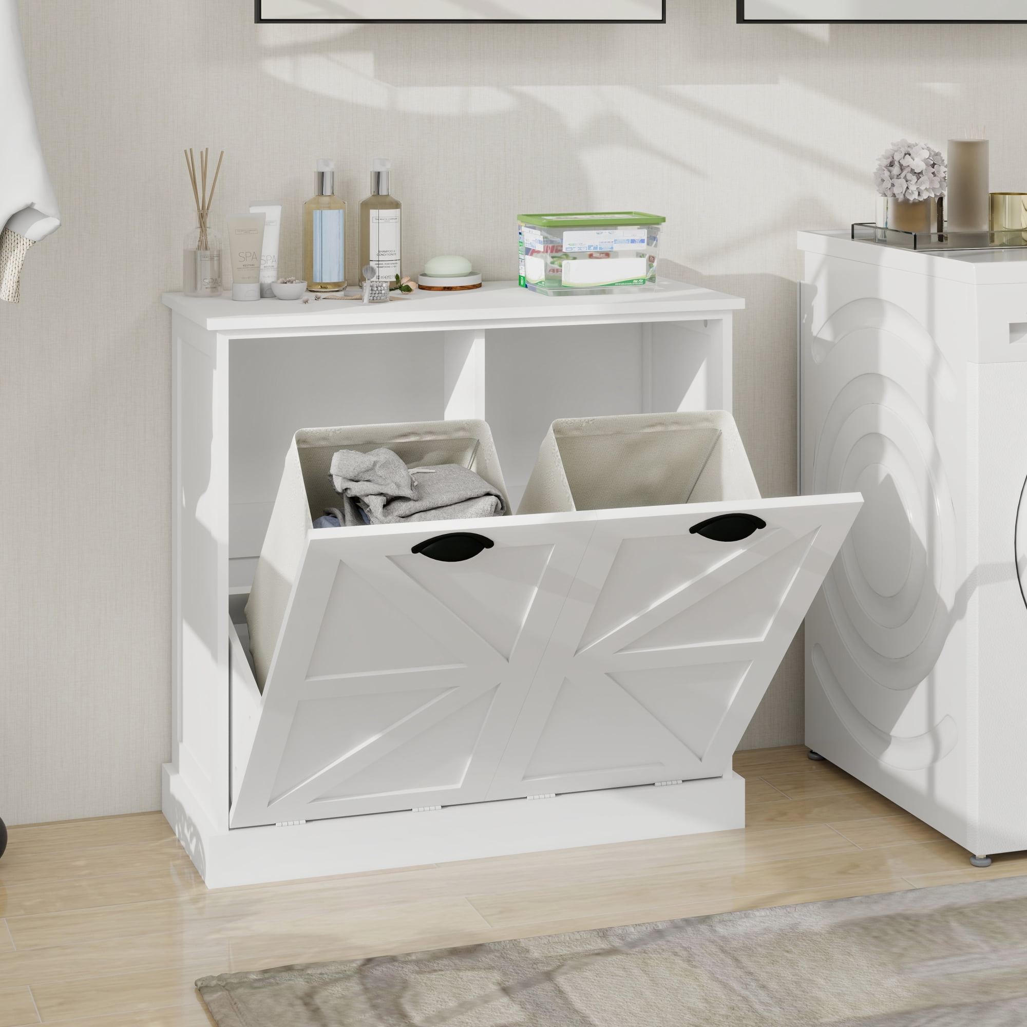 Leumius Tilt-Out Laundry Hamper Cabinet,Freestanding Laundry Sorter Cabinet with 2 Compartment,White