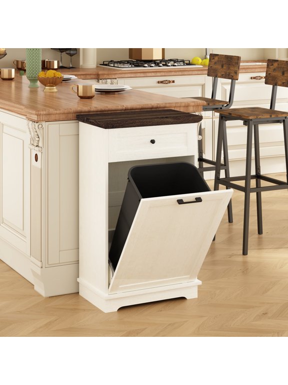 Tilt Out Trash Cabinet,10 Gallon Freestanding Trash Bin Cabinet with Drawer,Wood Garbage Recycling Cabinet for Kitchen Living Room,White
