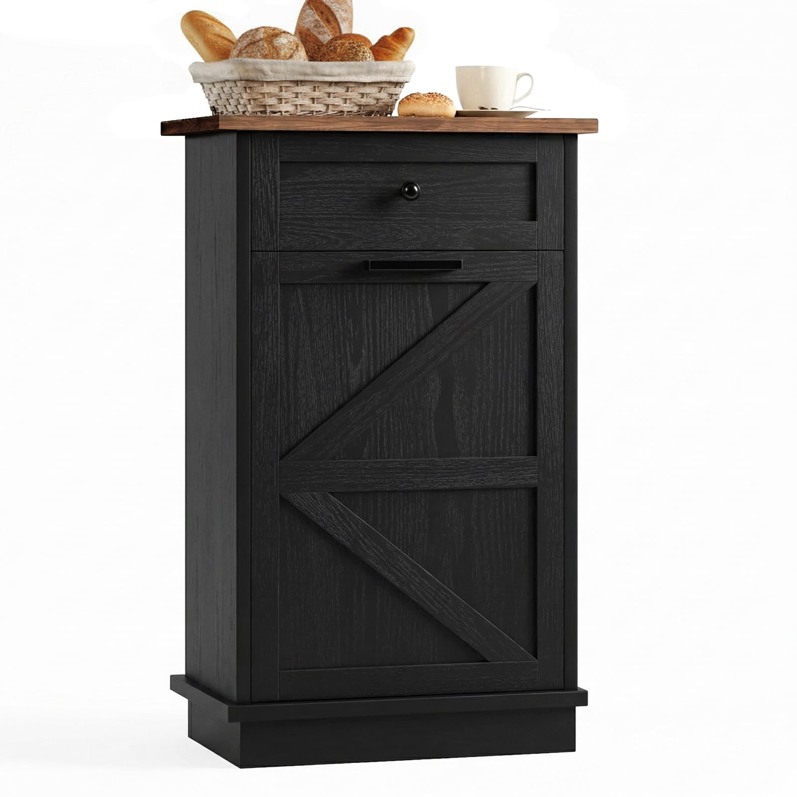 Leumius Tilt Out Trash Can Cabinet, 10-Gallon Farmhouse Hidden Garbage Cabinet with Drawer, Dog Proof Wooden Storage for Kitchen, Laundry, Living Room