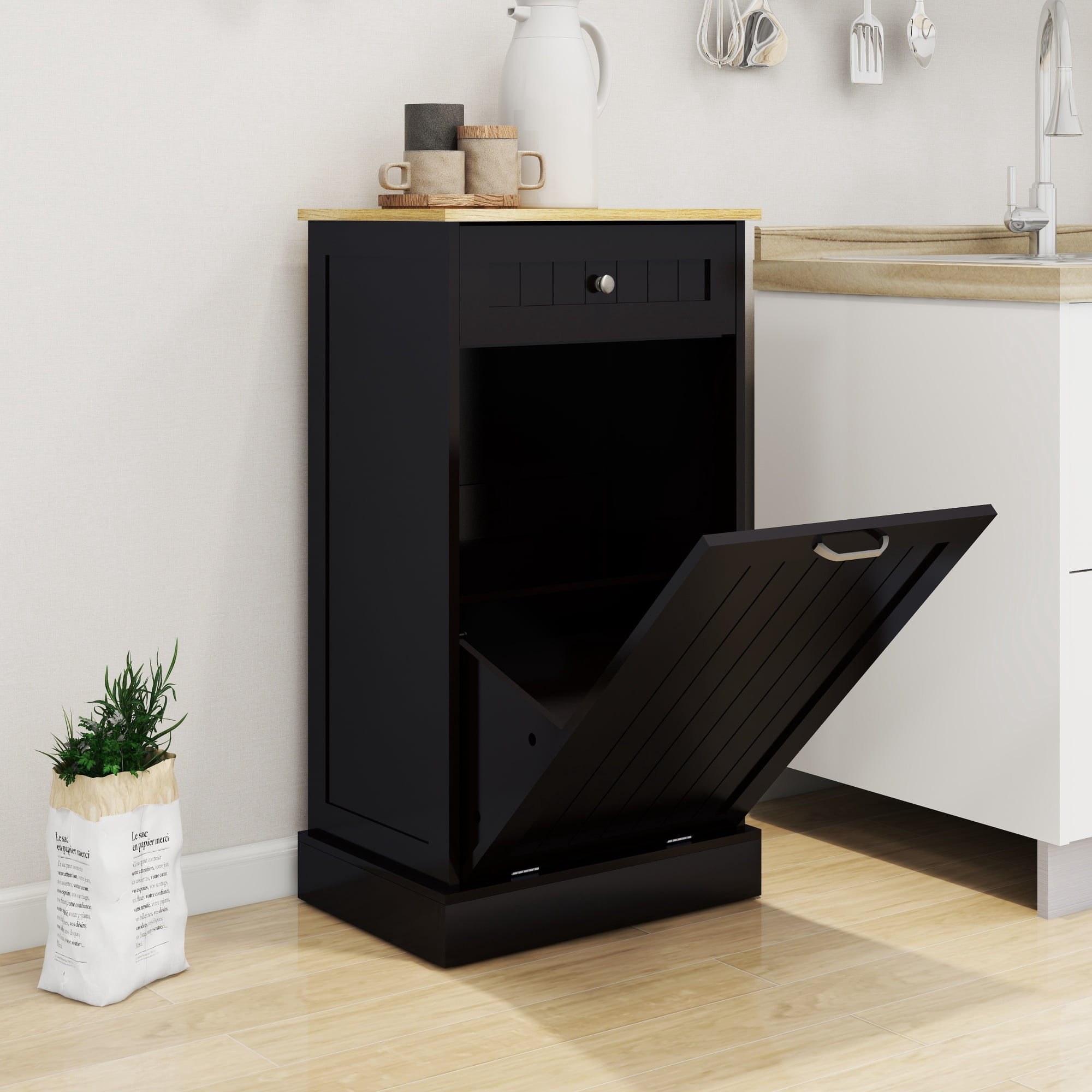 Leumius Tilt Out Trash Can Cabinet,10 Gallon Hidden Wooden Trash Can Cabinet with Drawer & Compartment ,Free Standing Garbage Cabinet for Kitchen, Living Room,Black