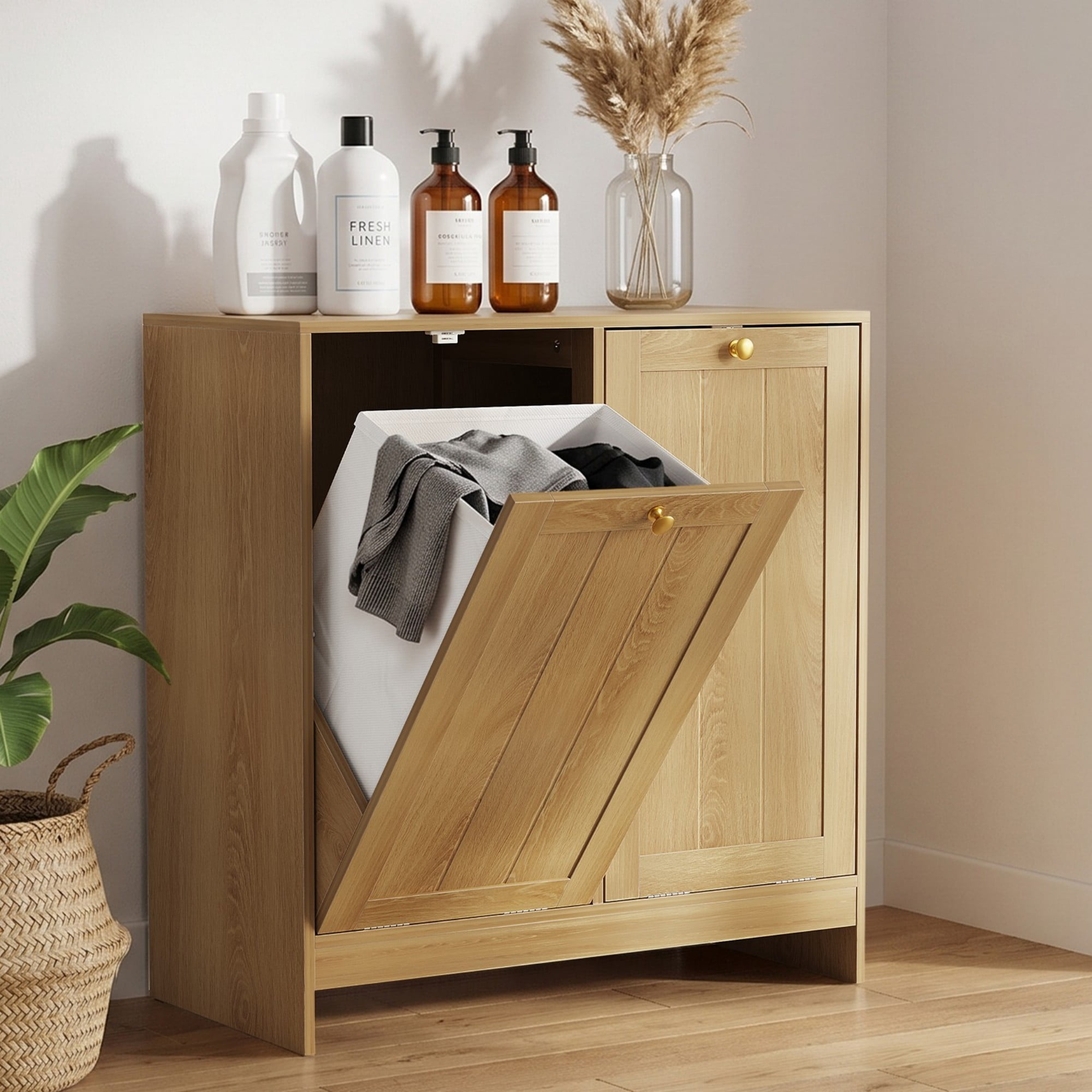 Leumius Tilt out Laundry Hamper with Removable Basket,Hidden Laundry Storage Cabinet,Free-Standing Home Organizer for Bathroom,Washroom,Oak