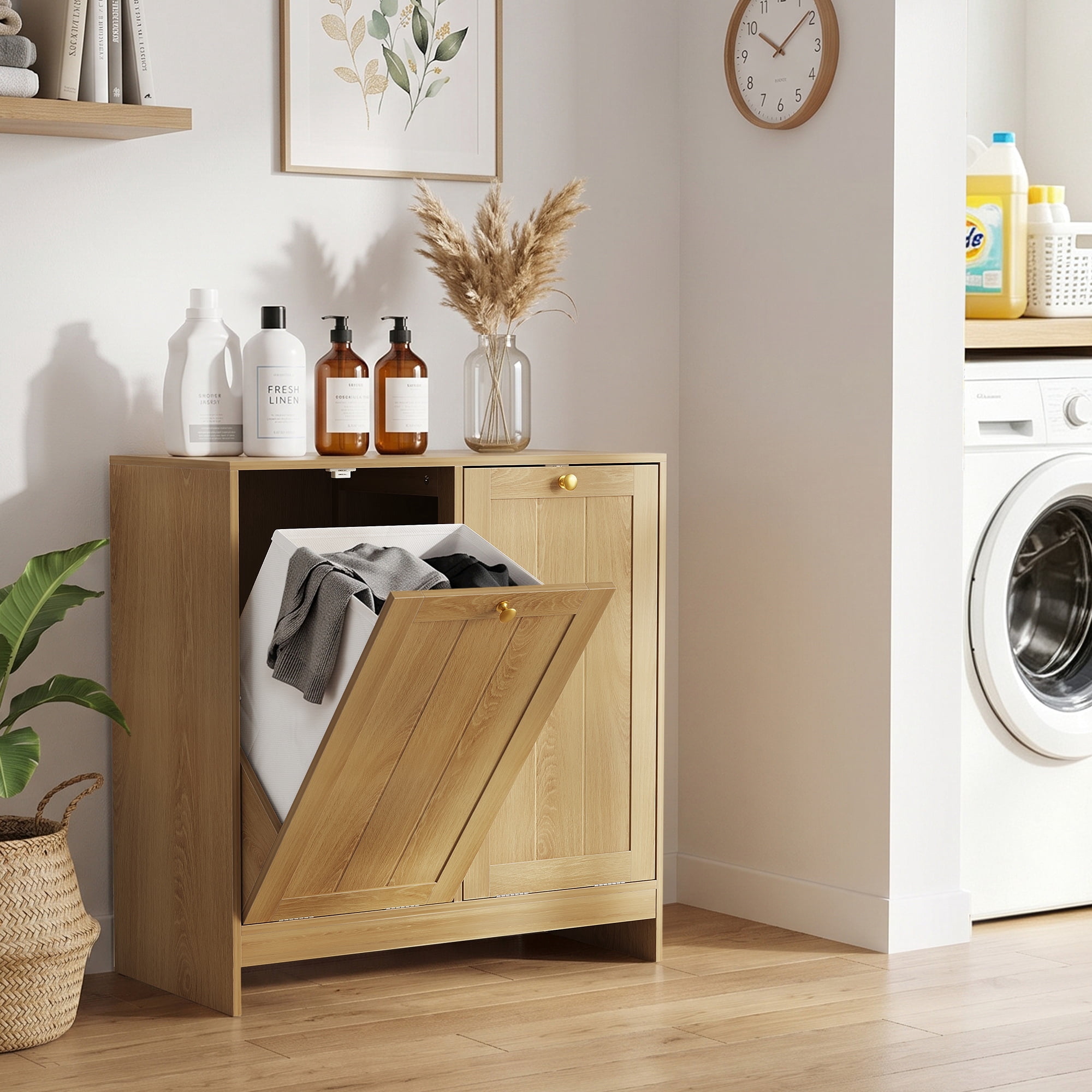 Leumius Tilted Laundry Hamper with Removable Basket, Hidden Laundry Hamper, Bathroom Laundry Hamper Storage Cabinet, Free-Standing Home Organizer Oak