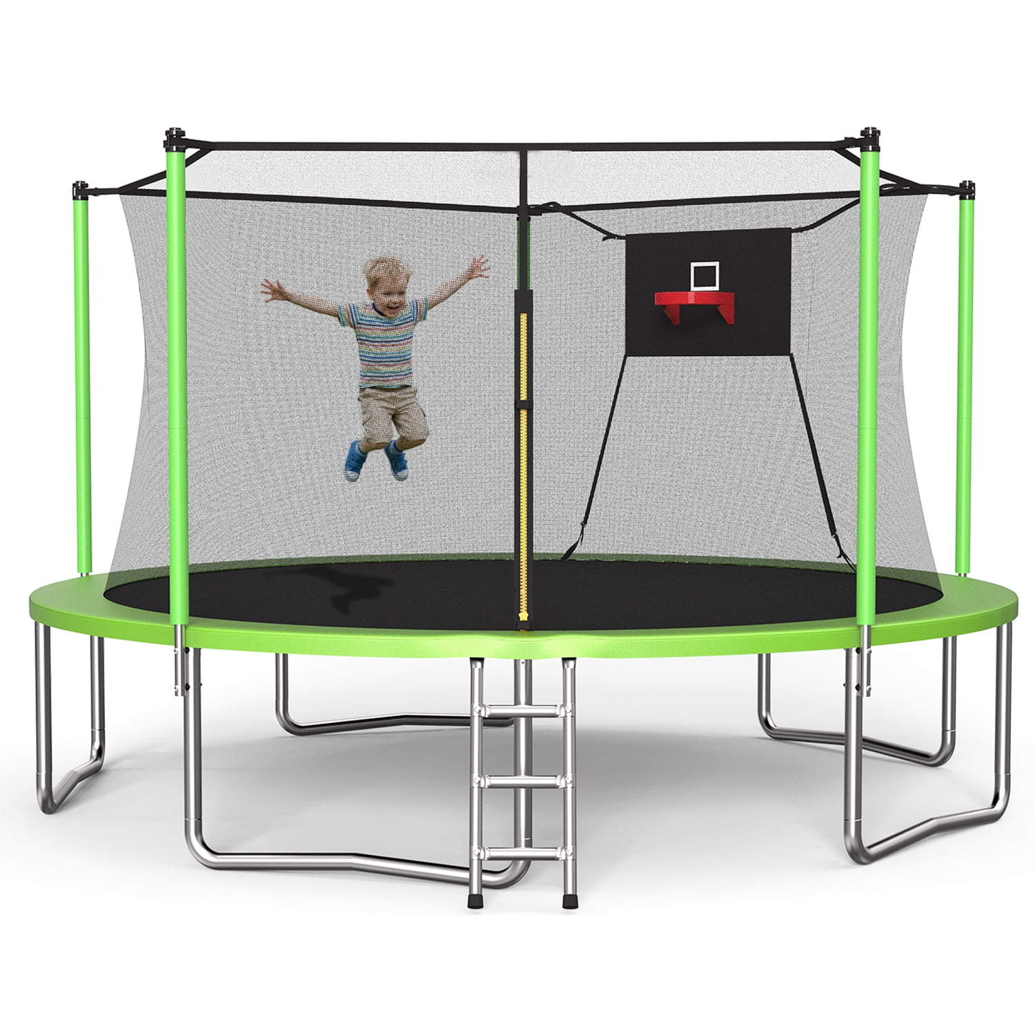 Leumius Trampoline 14ft for Kids and Adults,Heavy Duty Trampolines with Safety Enclosure Net for Outdoor/Indoor,Upgraded Round Recreational Trampolines with Basketball Hoop and Ladder,Green