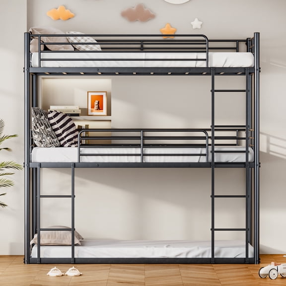 Leumius Triple Bunk Bed for 3 Kids/Teens,Bunk Bed Twin Over Twin Over Twin,Heavy Duty Metal Bed Frame with Guardrail and Ladder, No Box Spring Needed,Black