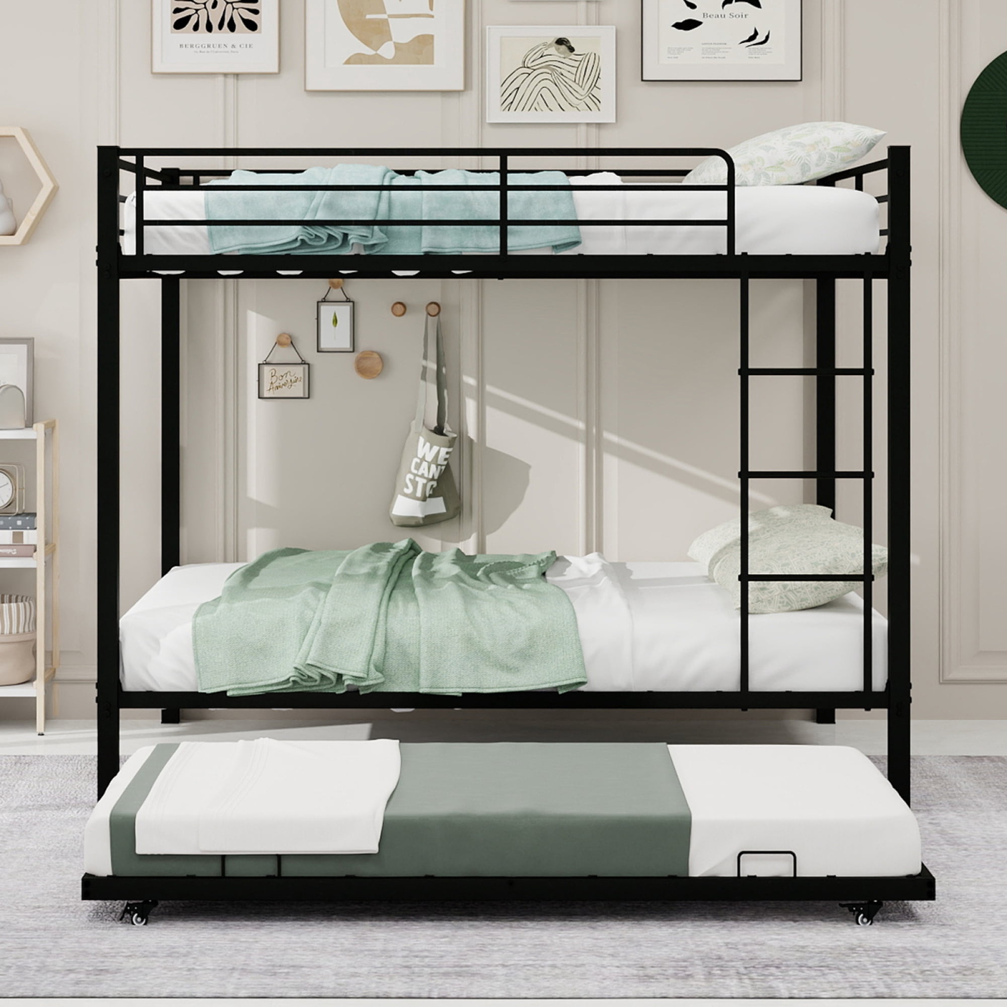 Leumius Triple Bunk Bed Full over Full with Trundle, Convertible Metal Bunk Bed Frame with Ladder & Safety Guardrail, Space-Saving for Teens and Adults,Black