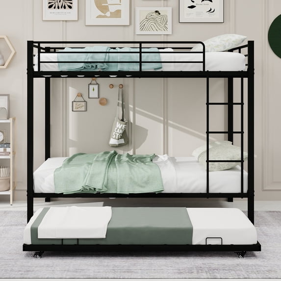 Leumius Triple Bunk Bed Full over Full with Trundle, Convertible Metal Bunk Bed Frame with Ladder & Safety Guardrail, Space-Saving for Teens and Adults,Black