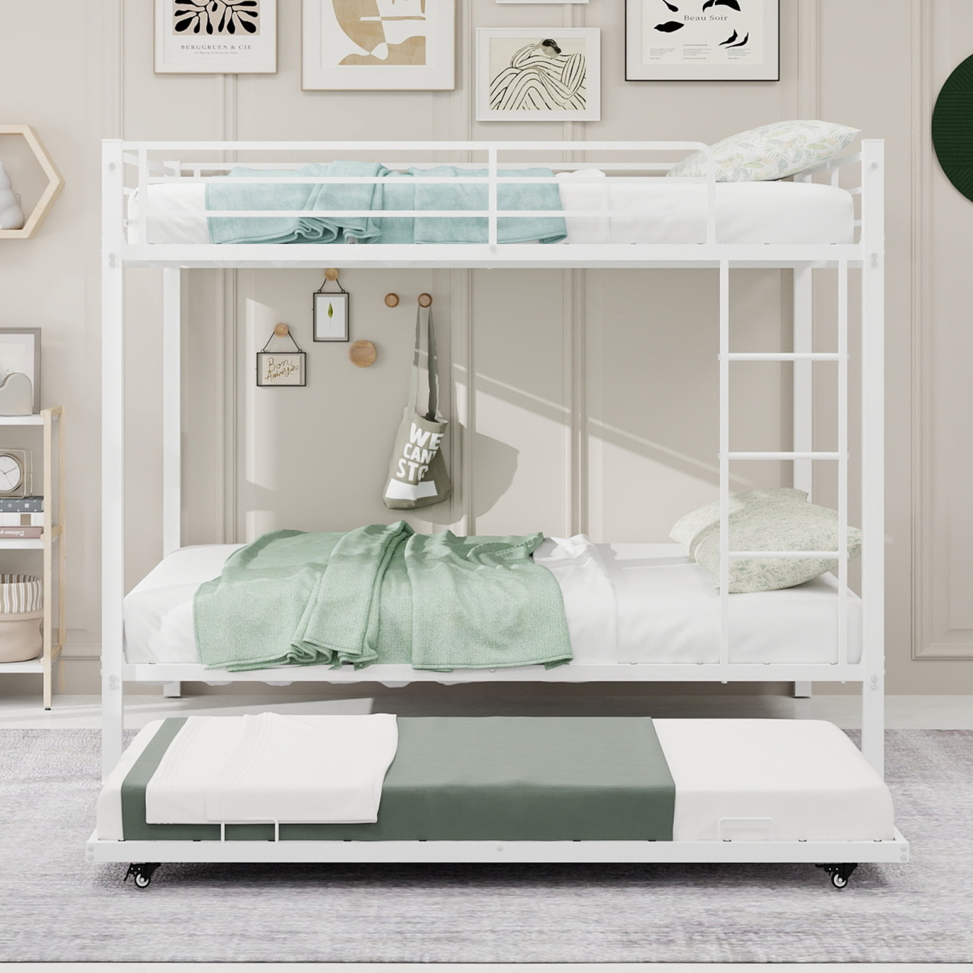 Leumius Triple Bunk Bed Full over Full with Trundle, Convertible Metal Bunk Bed Frame with Ladder & Safety Guardrail, Space-Saving for Teens and Adults,White