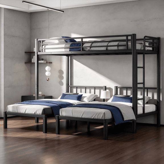 Leumius Triple Metal Bunk Bed, Twin over Twin over Twin Bunk Bed for 3 People, Space-Saving 3 in 1 Bunk Bed Frame with Safety Guardrail & Side Ladder, Black
