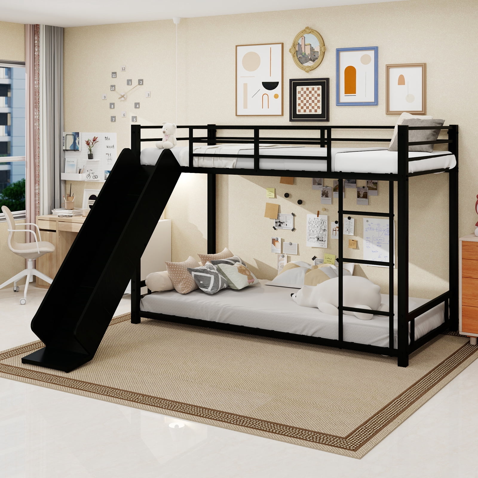 Leumius Twin Bunk Bed with Slide,Heavy Duty Metal Bed Frame with Ladder and Durable Guardrail,Space Saving,Easy Assembly,Black