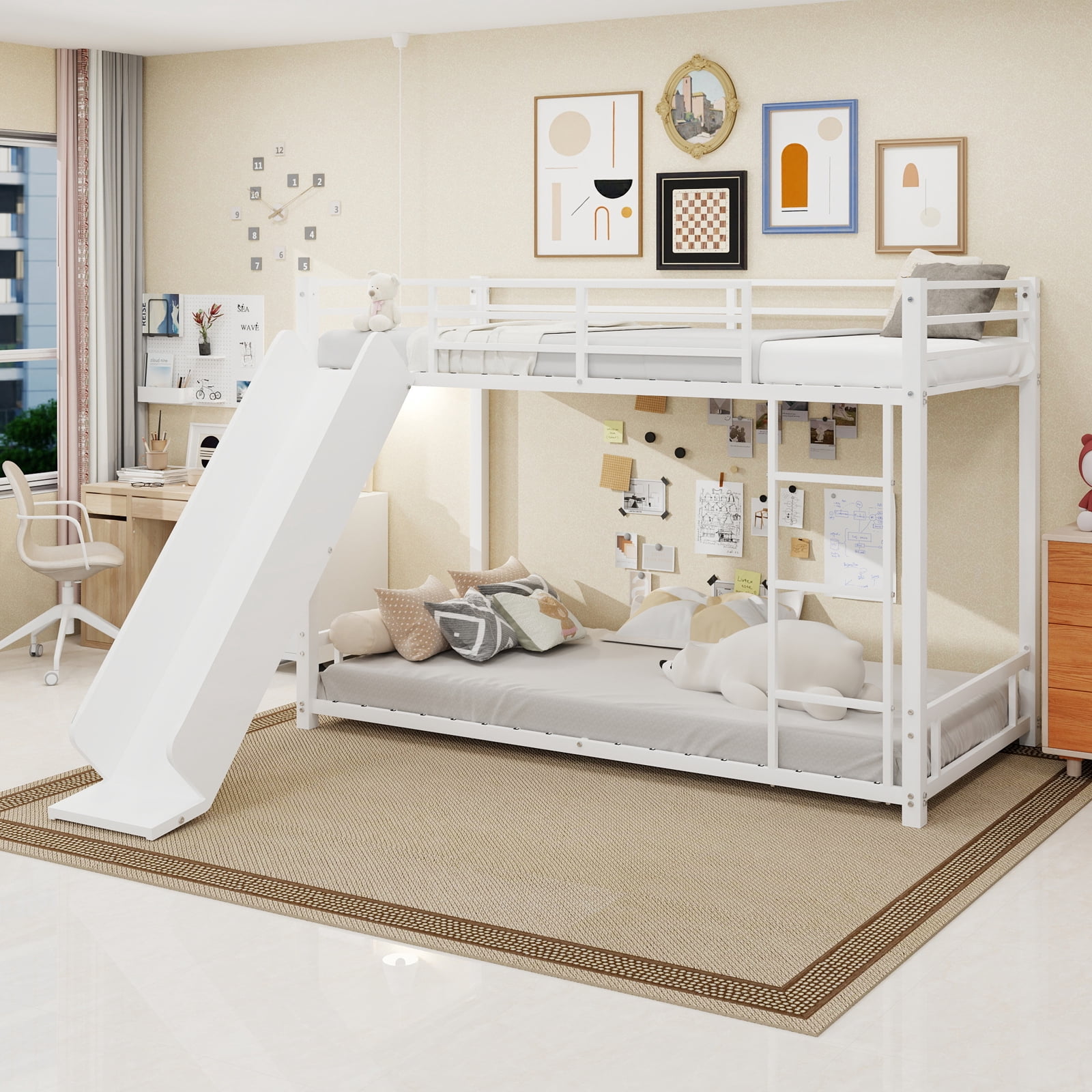 Leumius Twin Bunk Bed with Slide,Heavy Duty Metal Bed Frame with Ladder and Durable Guardrail,Space Saving,Easy Assembly,White