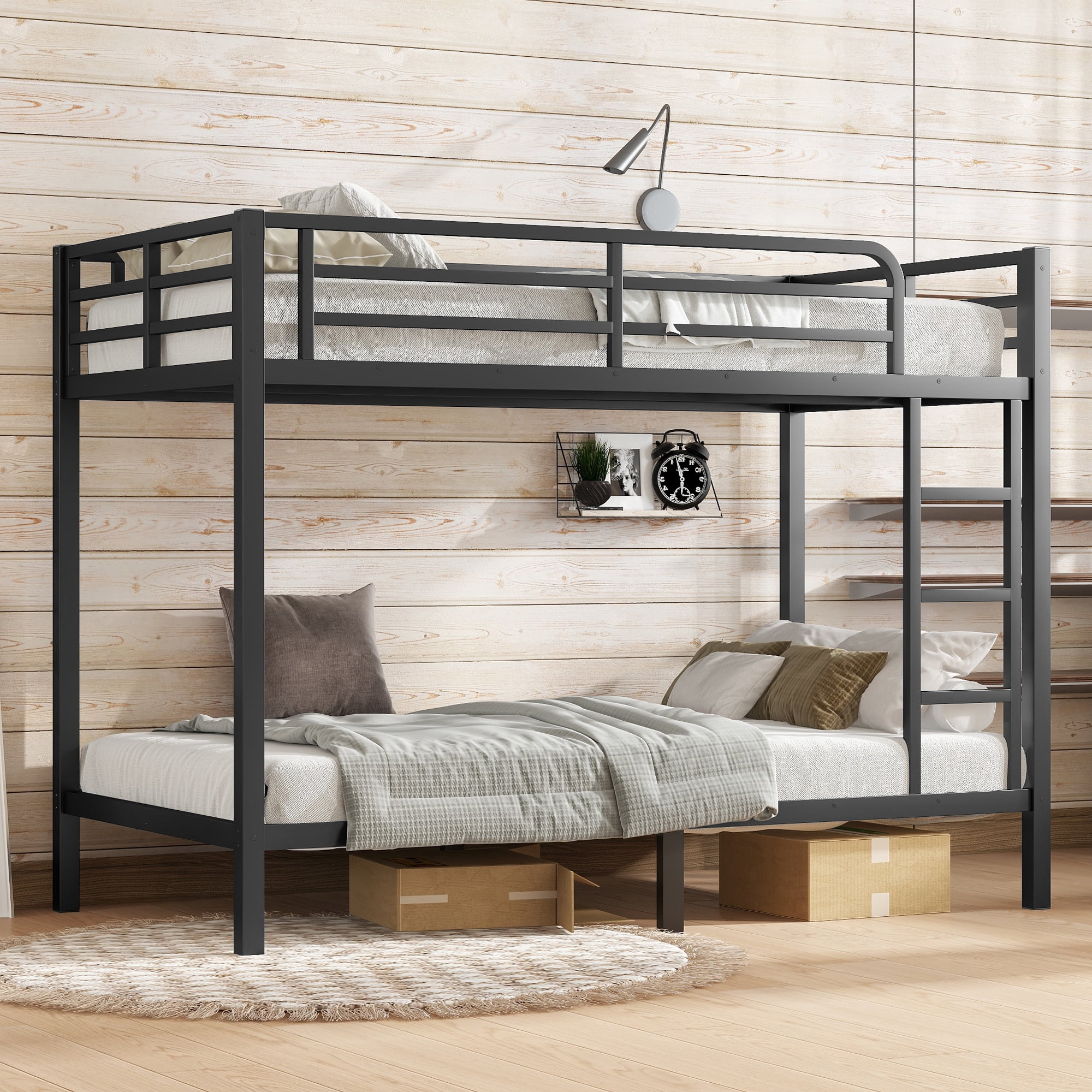 Leumius Twin over Full Bunk Bed for Teens and Adults,Heavy Duty Metal Bed Frame with 2 Side Ladders,Space-Saving/Noise Reduced/No Box Spring Needed,Black