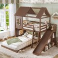 thumbnail image 1 of Leumius Twin over Full House Bunk Bed with Ladders and Slides, House Floor Bunk Bed Frame with Storage Shelves and Wardrobe, Playhouse Design for Boys Girls Deep Natural, 1 of 9