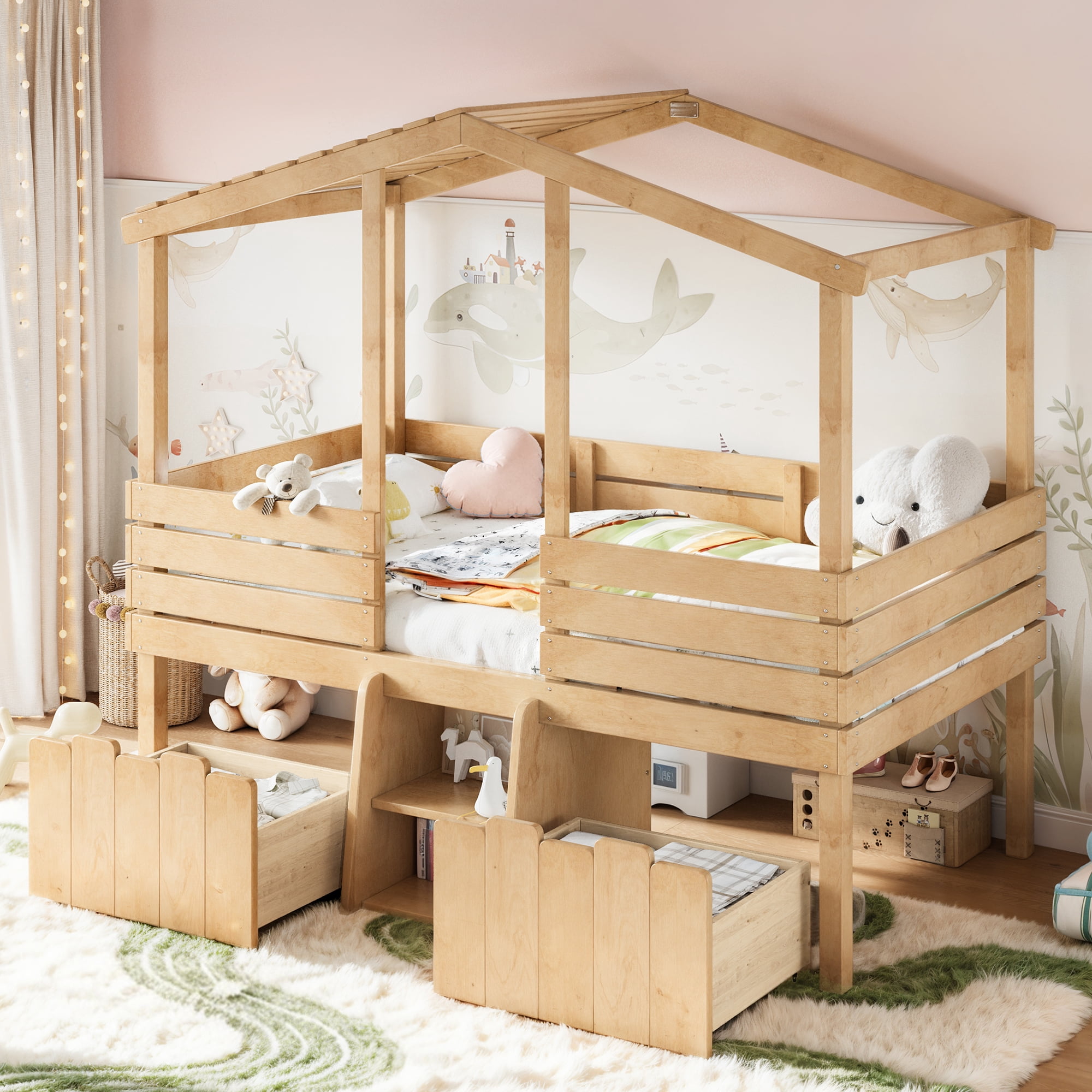 Leumius Twin House Loft Bed with Cute Stairs and 2 Storage Drawers, Farmhouse Low Loft Bed with House Shaped Roof, Childlike and No Box Spring Needed Design Natural