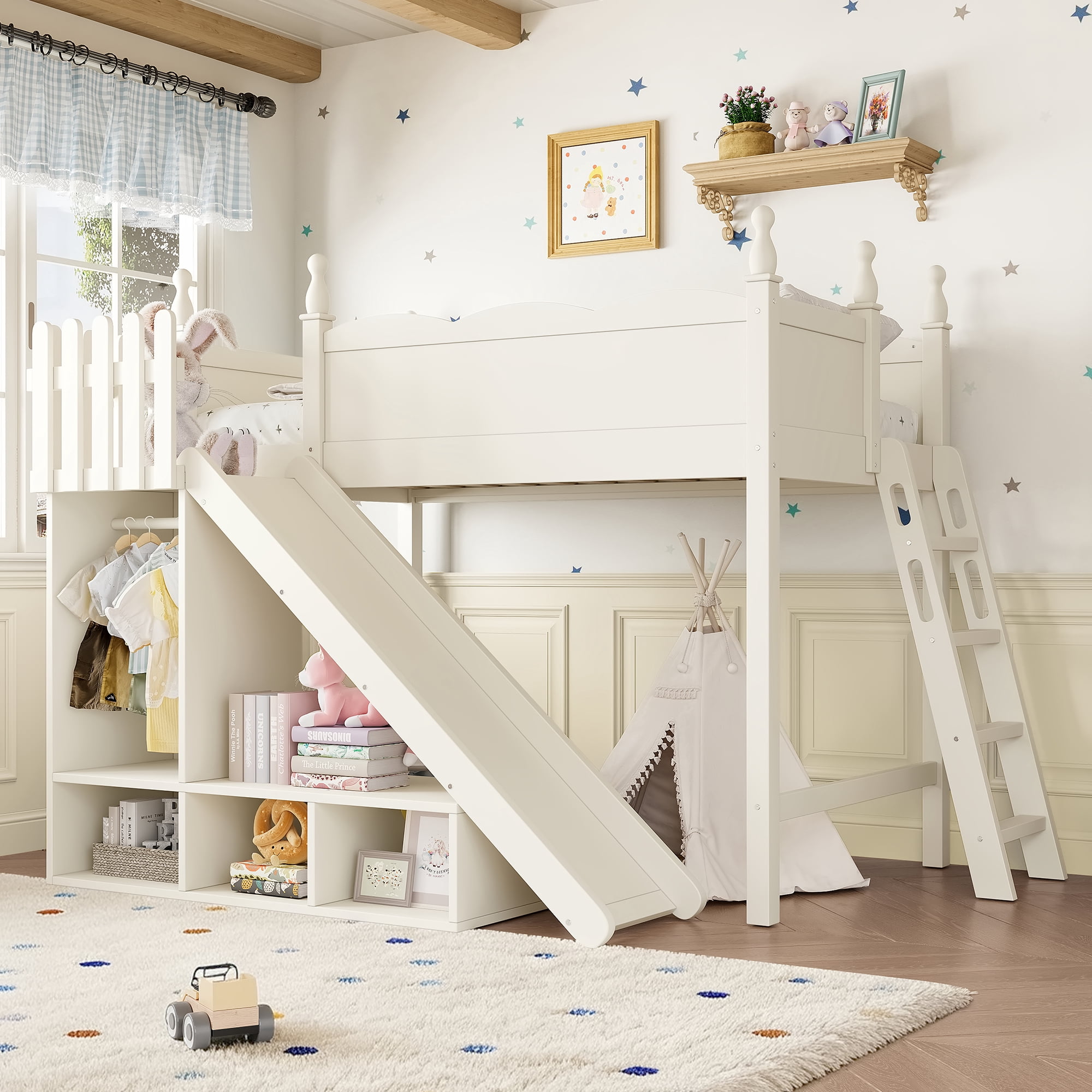 Leumius Twin Loft Bed Frame with Storage Shelves and Wardrobe, Solid Wood Loft Bed with Detachable Slide and Ladders for Kids Teens Adults Beige