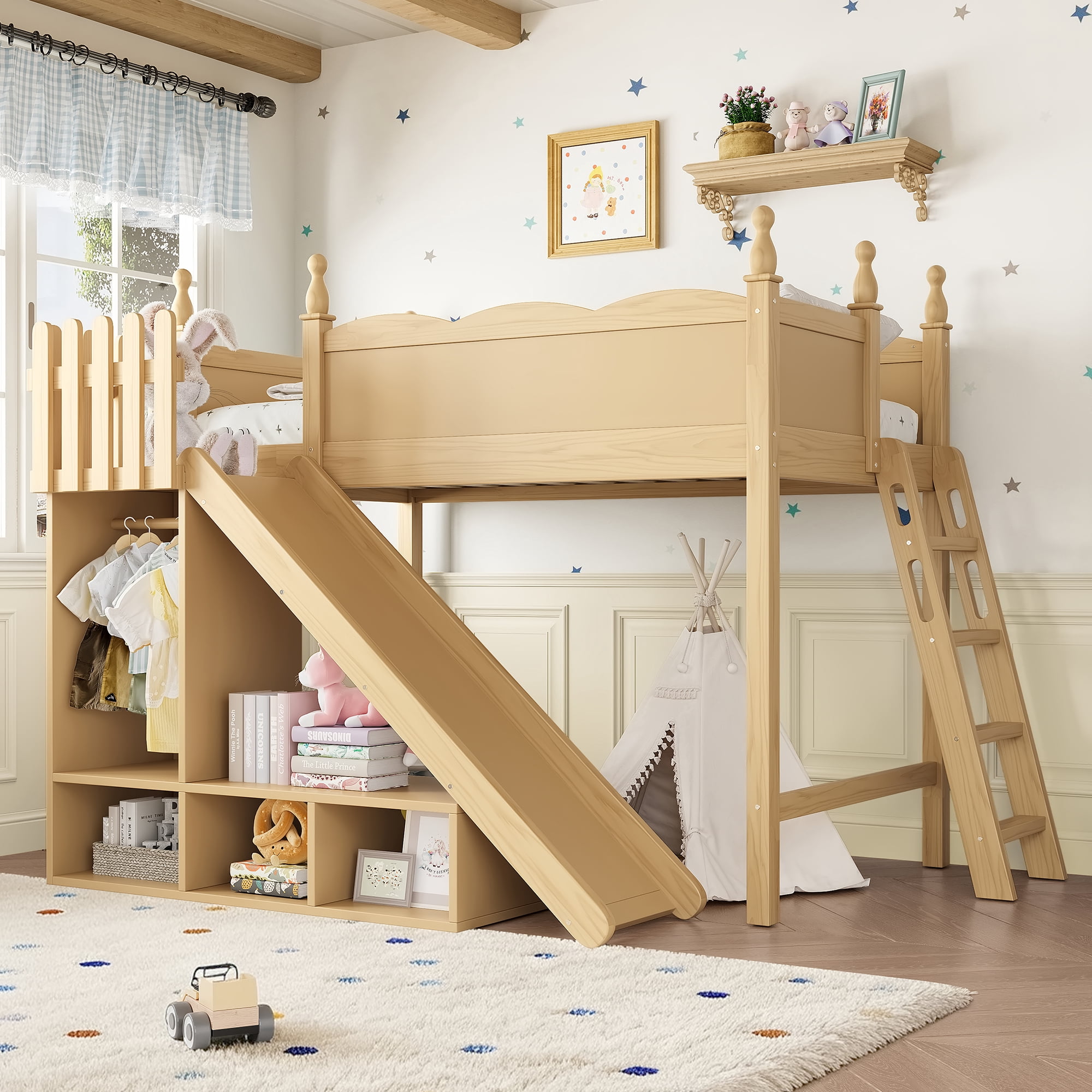 Leumius Twin Loft Bed Frame with Storage Shelves and Wardrobe, Solid Wood Loft Bed with Detachable Slide and Ladders for Kids Teens Adults Natural
