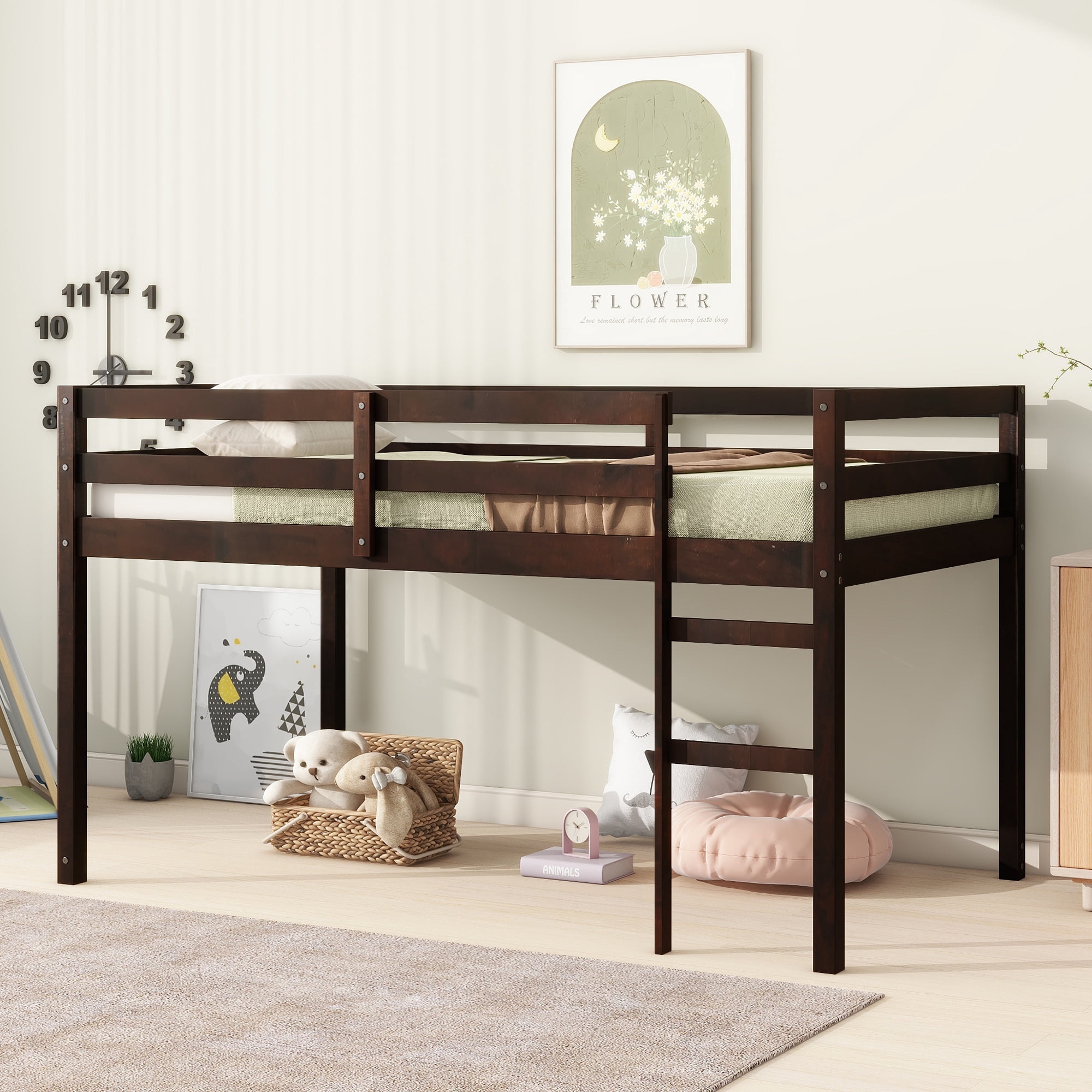 Leumius Twin Loft Bed with Ladder, Bed Platform of Strengthened Slats Solid Wooden Bed for Boys Girls Espresso