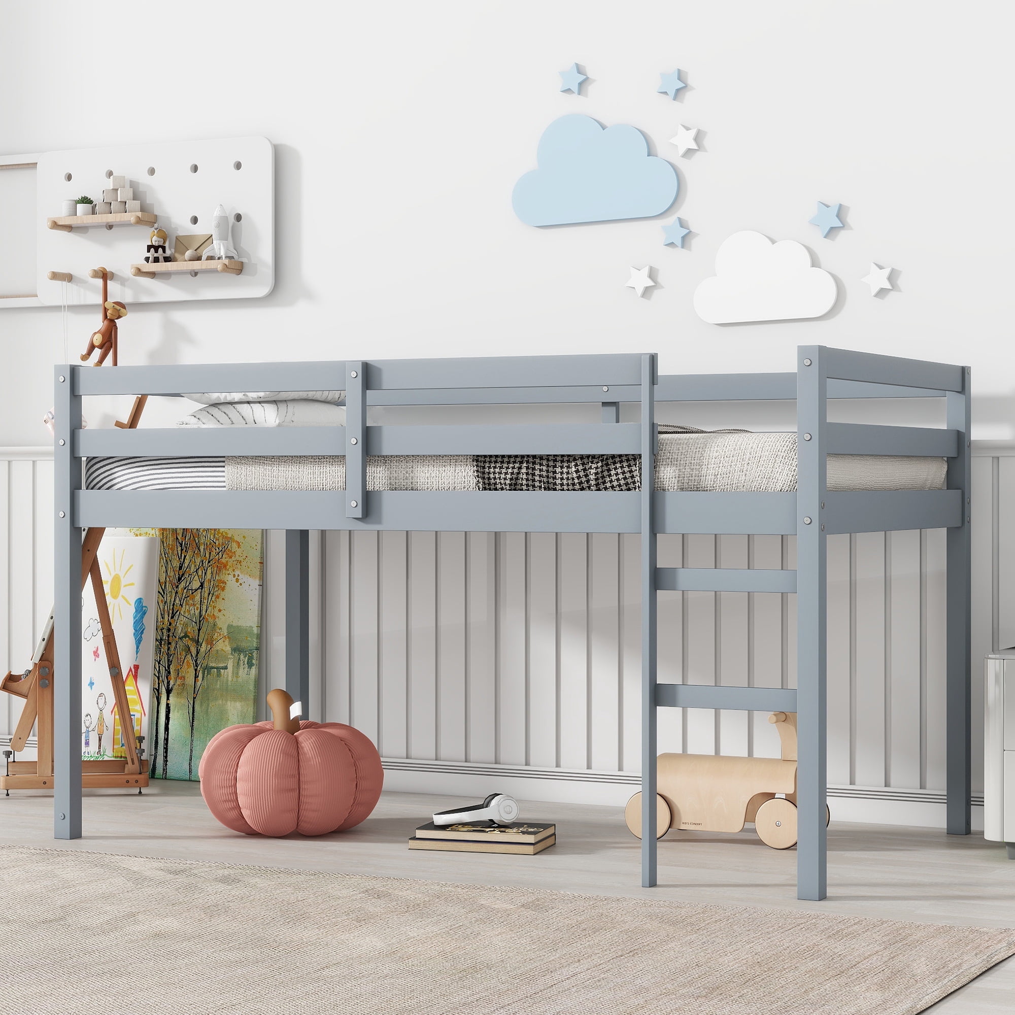 Leumius Twin Loft Bed with Ladder, Bed Platform of Strengthened Slats Solid Wooden Bed for Boys Girls Grey