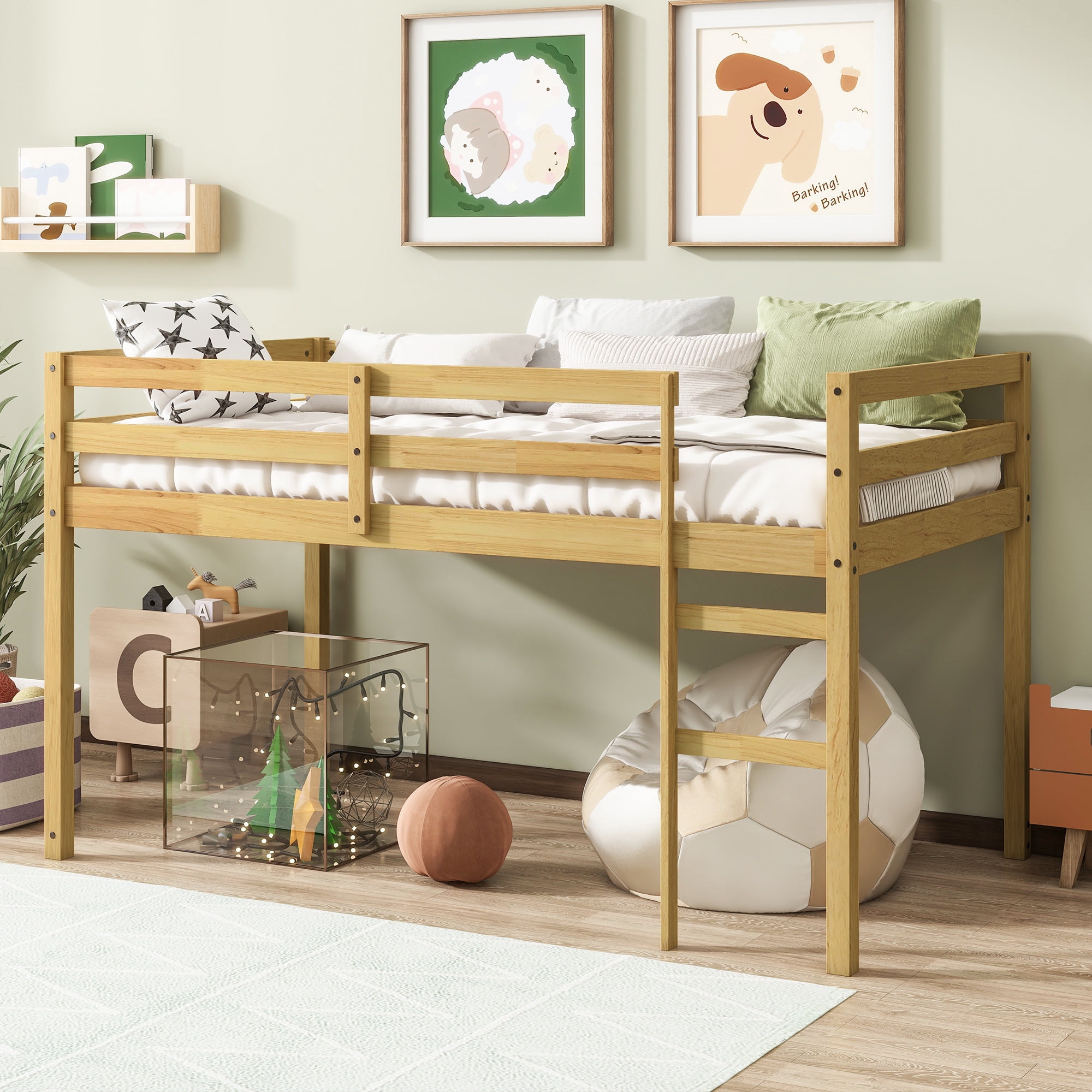 Leumius Twin Loft Bed with Ladder, Bed Platform of Strengthened Slats Solid Wooden Bed for Boys Girls Natural
