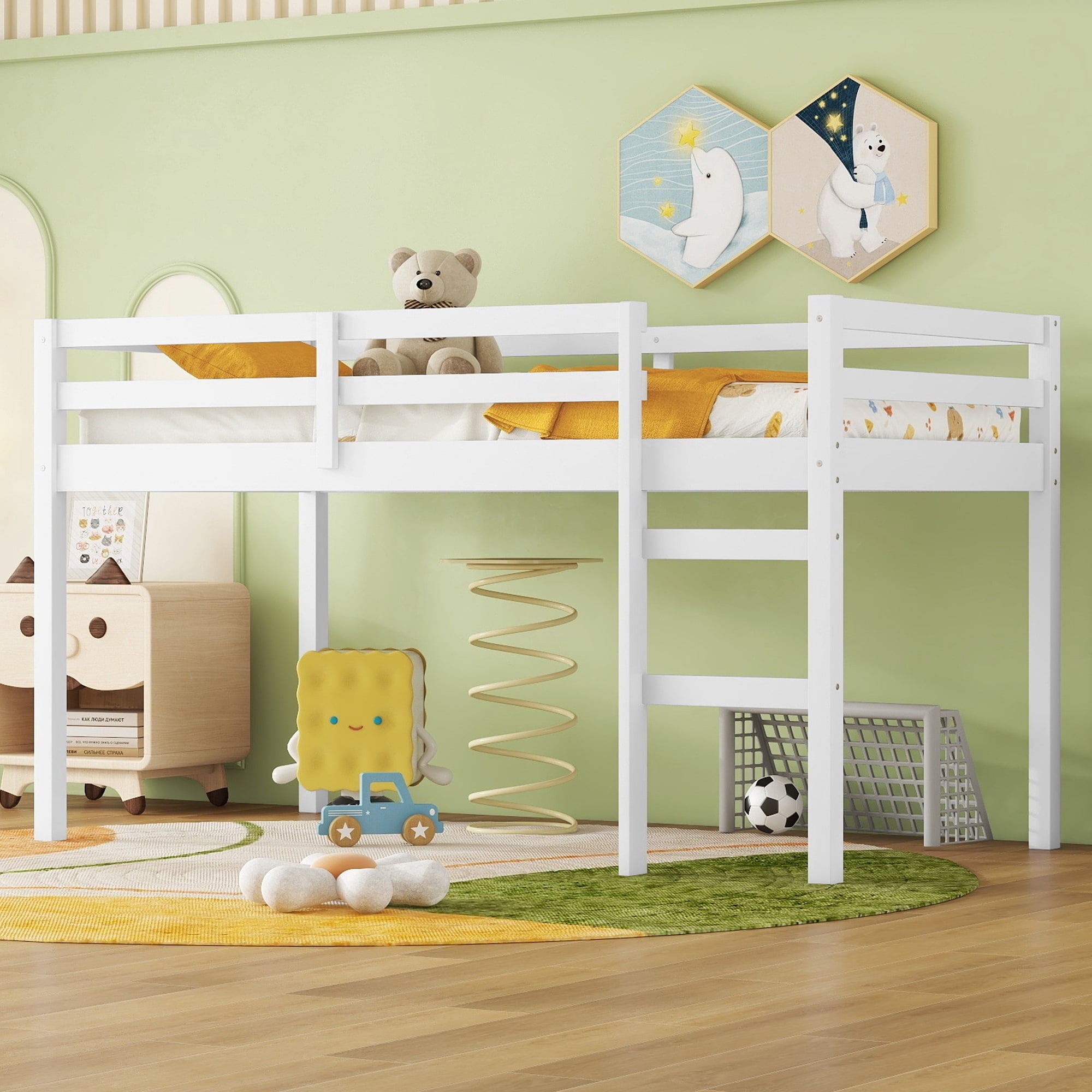Leumius Twin Loft Bed with Ladder, Bed Platform of Strengthened Slats Solid Wooden Bed for Boys Girls White