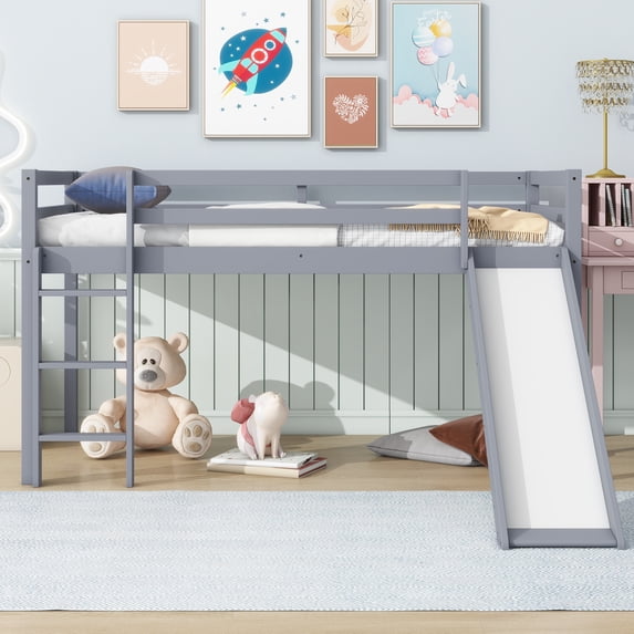 Leumius Twin Low Loft Bed with Slide, Ladder, Safety Guardrails, Rubber Wood Twin Loft Bed for Boys Girls Grey
