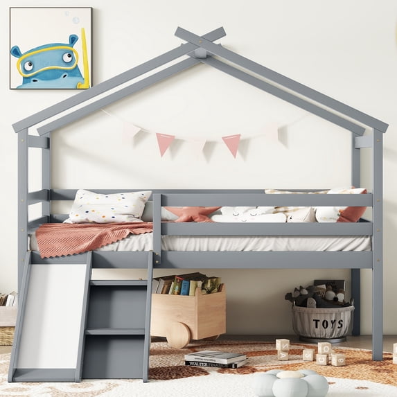 Leumius Twin Low Loft House Bed with Slide, Ladder, Safety Guardrails, House Roof Frame for Boys Girls Grey