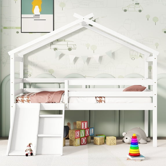 Leumius Twin Low Loft House Bed with Slide, Ladder, Safety Guardrails, House Roof Frame for Boys Girls White