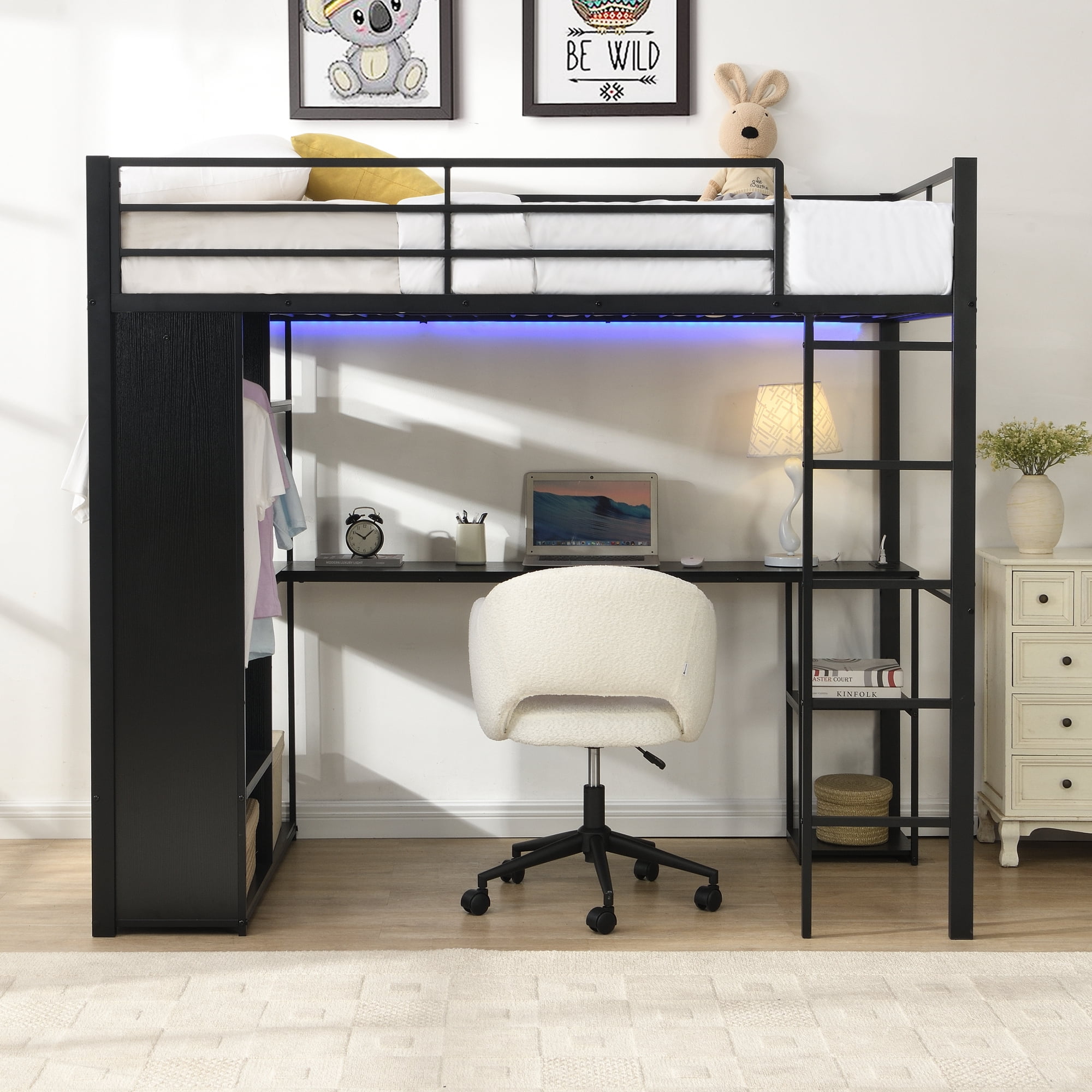 Leumius Twin Metal Loft Bed with Length Desk & Open Storage Cabinet, Multi-function Space Maximizing High Loft Bed for College Dorm Youth Room Apartment Guest