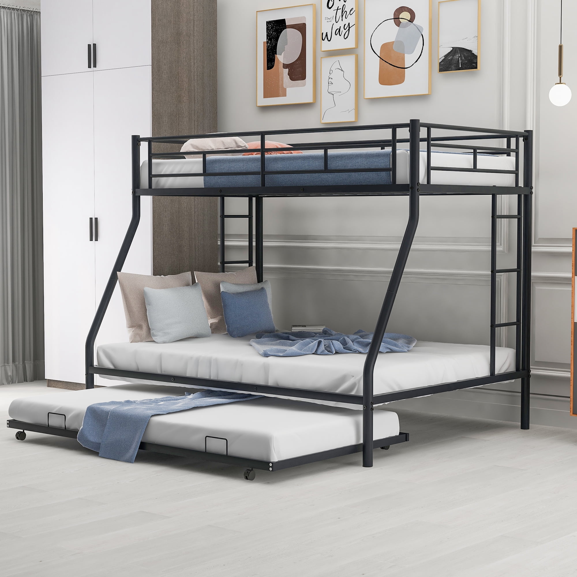 Leumius Twin Over Full Bunk Beds with Twin Trundle,Heavy Duty Metal Bed Frame with Sturdy Steel Frame,Triple Bunk Bed with Two-Side Ladders & Safety Guard Rails for Boys Girls Adults,Black