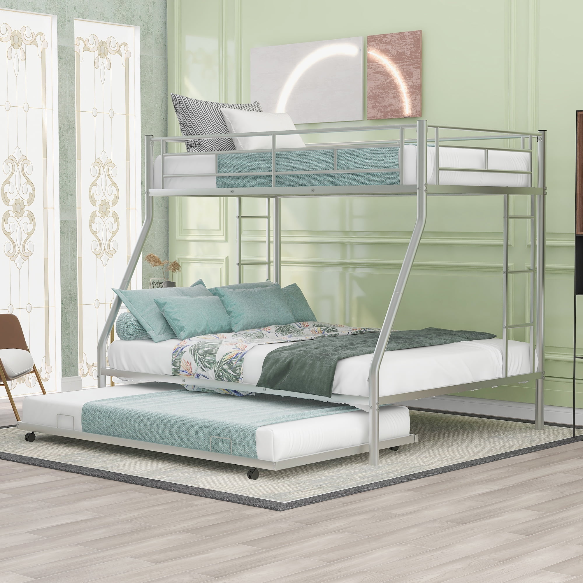 Leumius Twin Over Full Bunk Beds with Twin Trundle,Heavy Duty Metal Bed Frame with Sturdy Steel Frame,Triple Bunk Bed with Two-Side Ladders & Safety Guard Rails for Boys Girls Adults,Silver