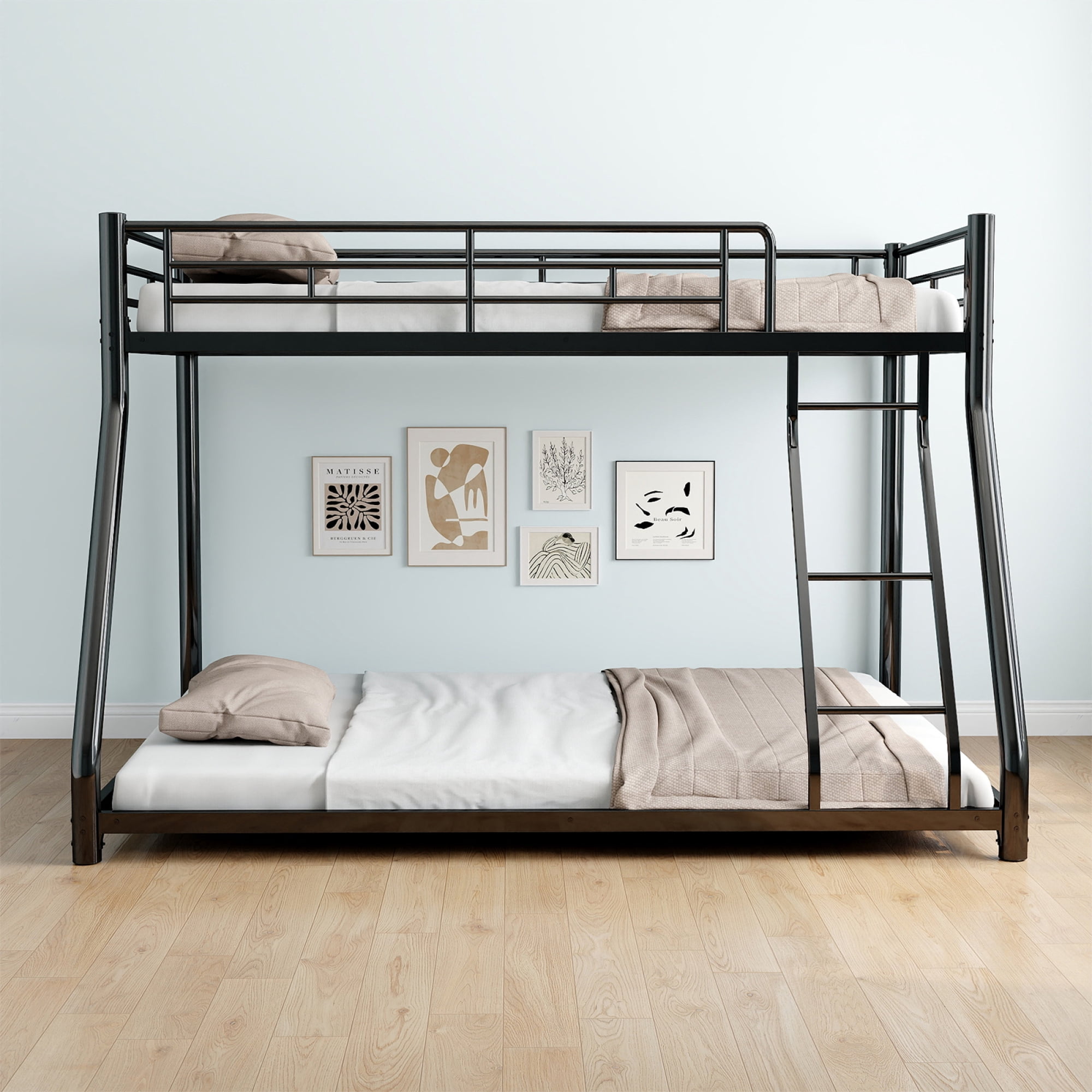 Leumius Twin Over Full Metal Bunk Bed,Heavy Duty Metal Bed Frame with Ladder & Full-Length Guardrail for Teens Adults,Black