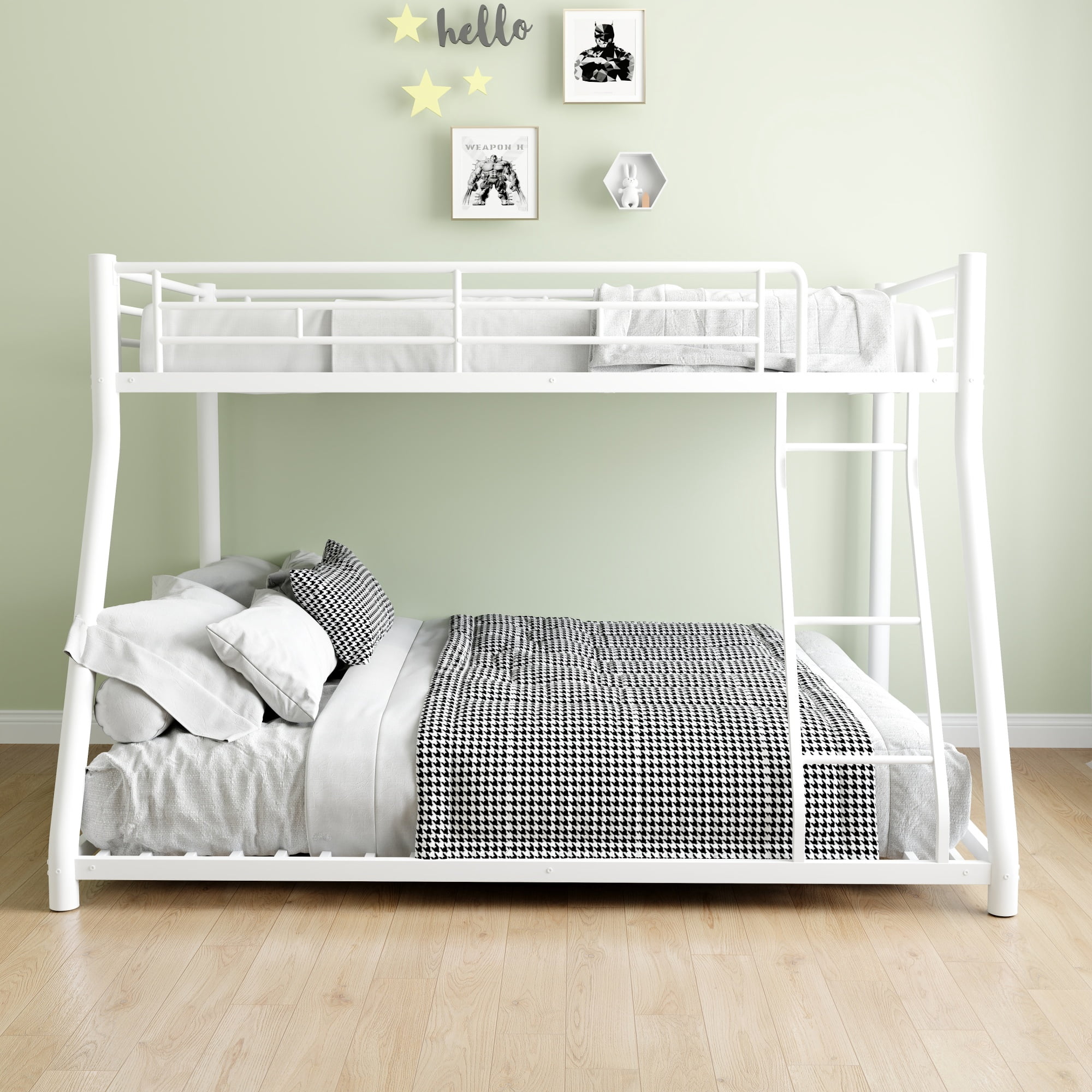 Leumius Twin Over Full Metal Bunk Bed,Heavy Duty Metal Bed Frame with Ladder & Full-Length Guardrail for Teens Adults,White