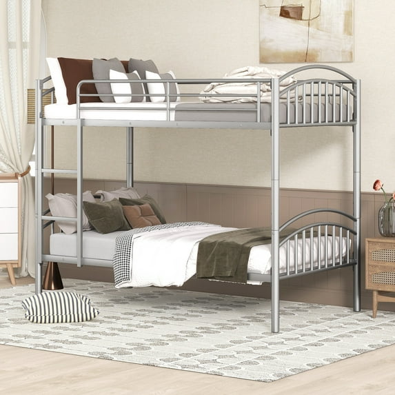 Leumius Twin Over Twin Metal Bunk Bed for Boys Girls Teens,Heavy Duty Metal Bed Frame with Built-in Ladder and Safety Gurdrail,Can be Divided into Two Beds,Silver