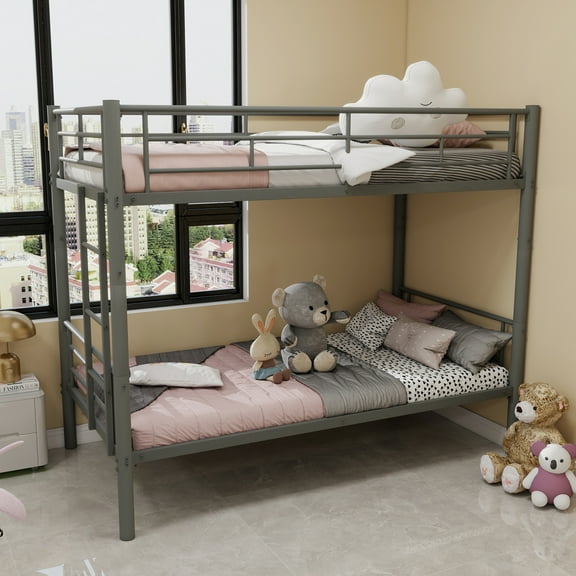 Leumius Twin Over Twin Bunk Bed for Kids Boys Girls, Metal Bunk Bed with Ladders & Guardrail,Convertible 2 Beds,Silver