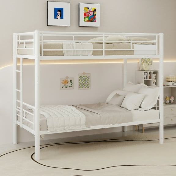 Leumius Twin Over Twin Bunk Bed for Kids Boys Girls, Metal Bunk Bed with Ladders & Guardrail,Convertible 2 Beds,White
