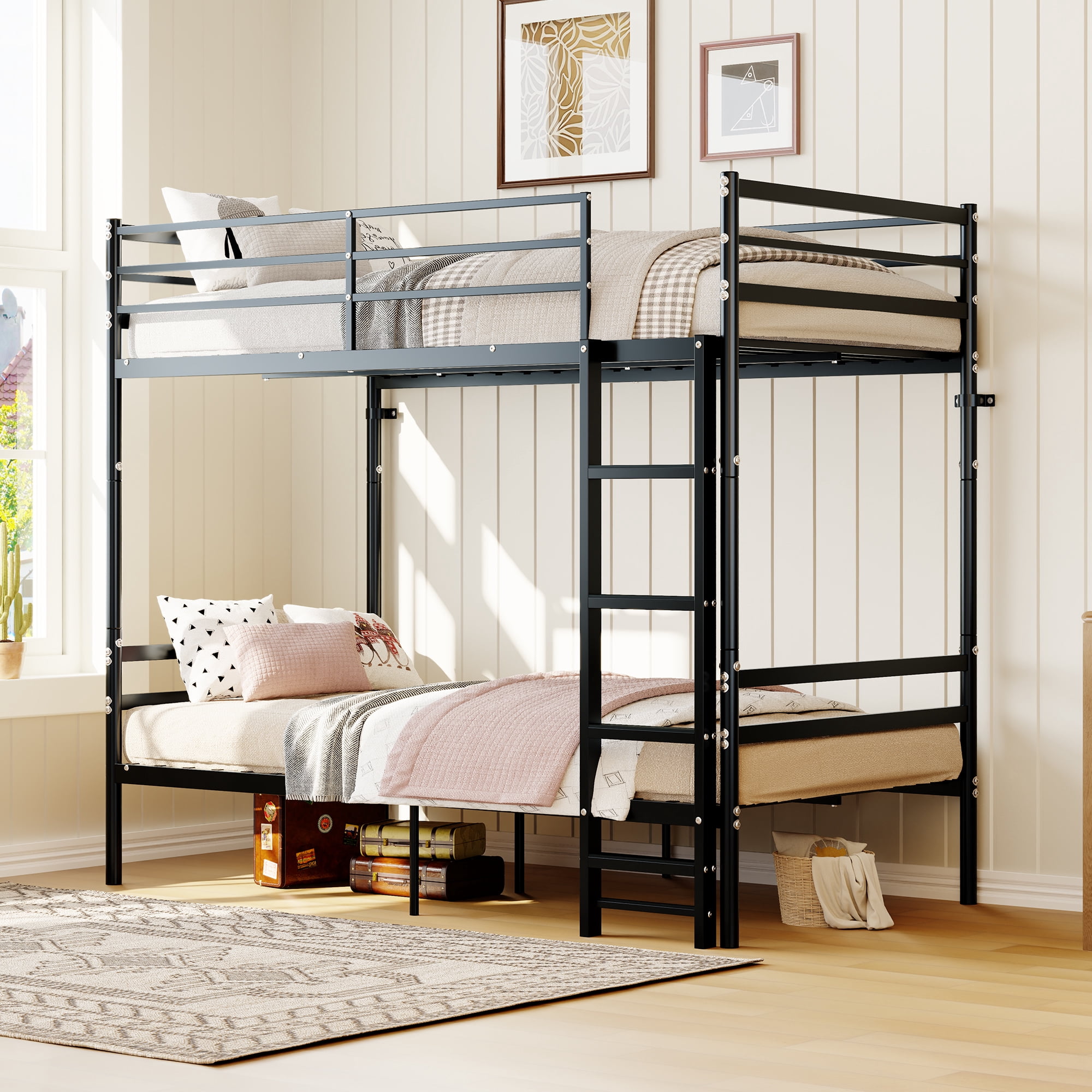 Leumius Twin Over Twin Bunk Beds,Heavy-Duty Metal Bunk Bed with Safety Guardrail & Ladder,Metal Slats Support,No Box Spring Needed,Black