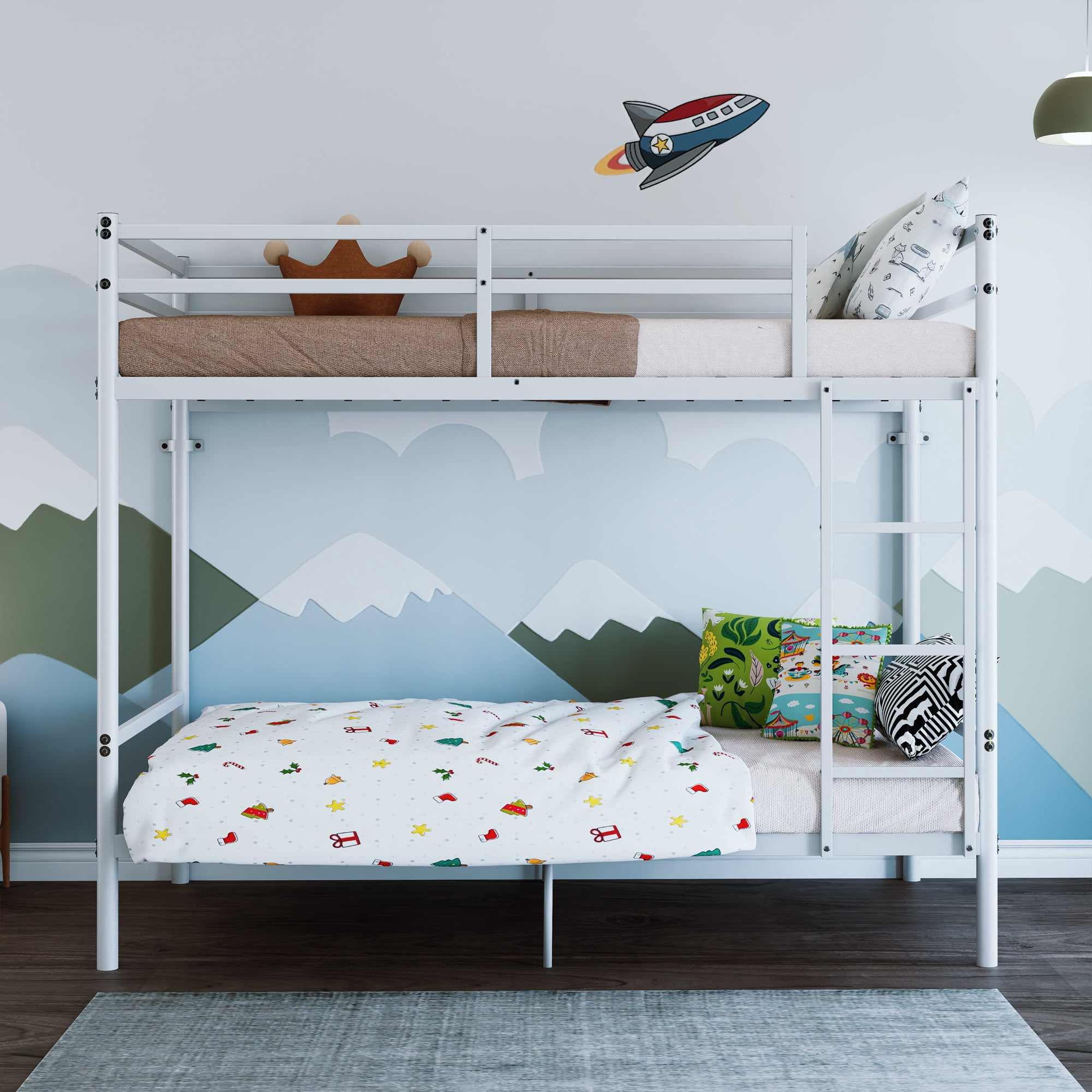 Leumius Twin Over Twin Metal Bunk Bed,Heavy Duty Bed Frame with Ladder and Guardrail for Bedroom, Dorm, Easy Assembly,Space-Saving,White
