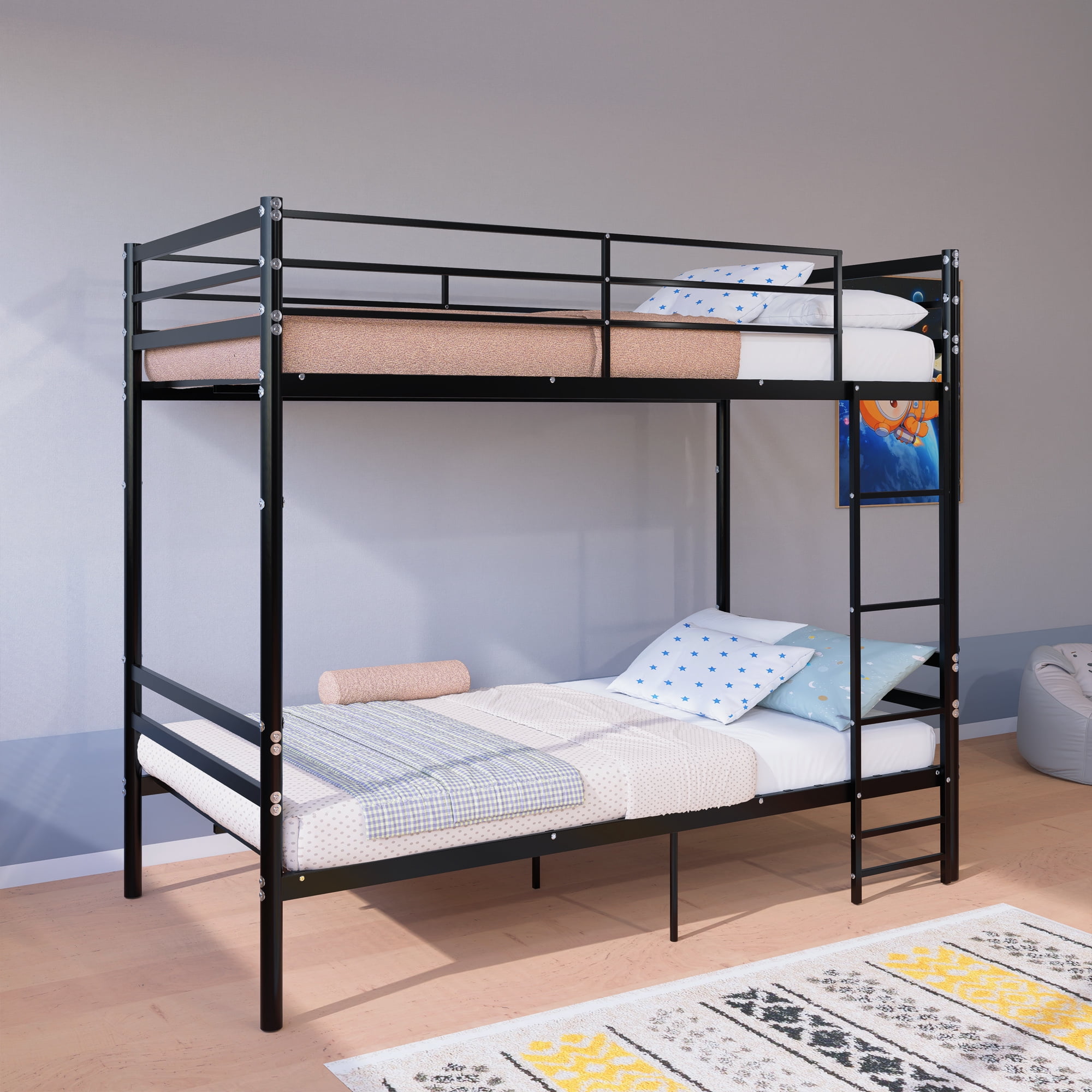 Leumius Twin Over Twin Metal Bunk Bed with 13.7 Inch High Safety Guardrail & Sturdy Ladder,Converts to 2 Beds,No Box Spring Needed,Black