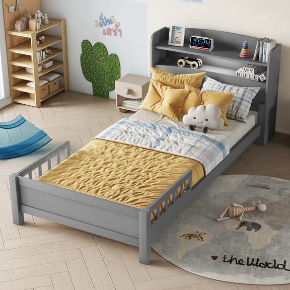 Leumius Twin Pine Wood Bed with Bookcase Headboard, LED Motion Sensor Light, Guardrails for Boys Girls Grey